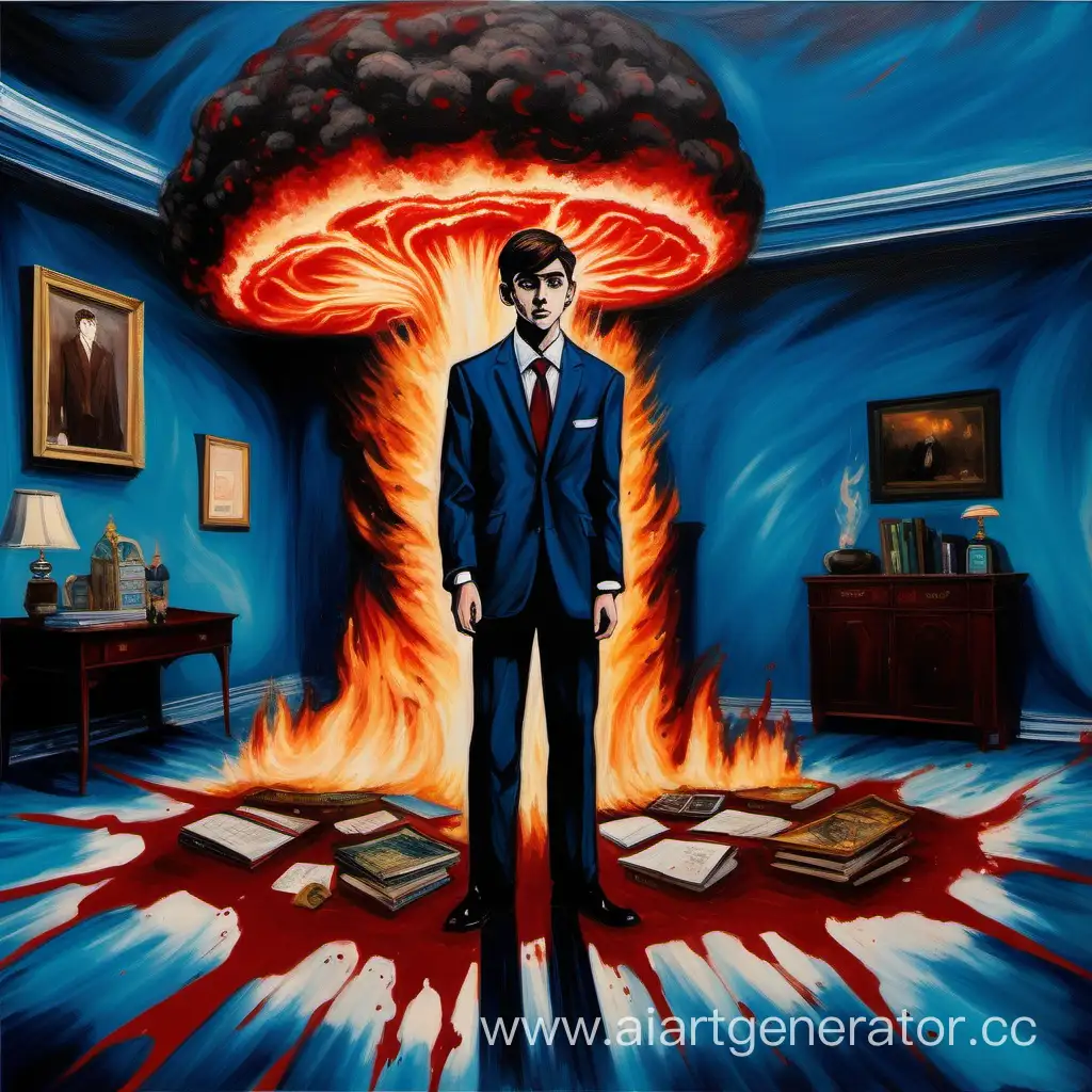 Дом горит, горящая картина, на которой изображен ядерный гриб. Эйдан Галлагер в костюме и в пальто. Левое запястье охвачено синей атмосферой. На картине, стоящая на полу, написано кровью "Family is sacrated" и также горит. Эйдан смотрит вперед каменным взглядом. 