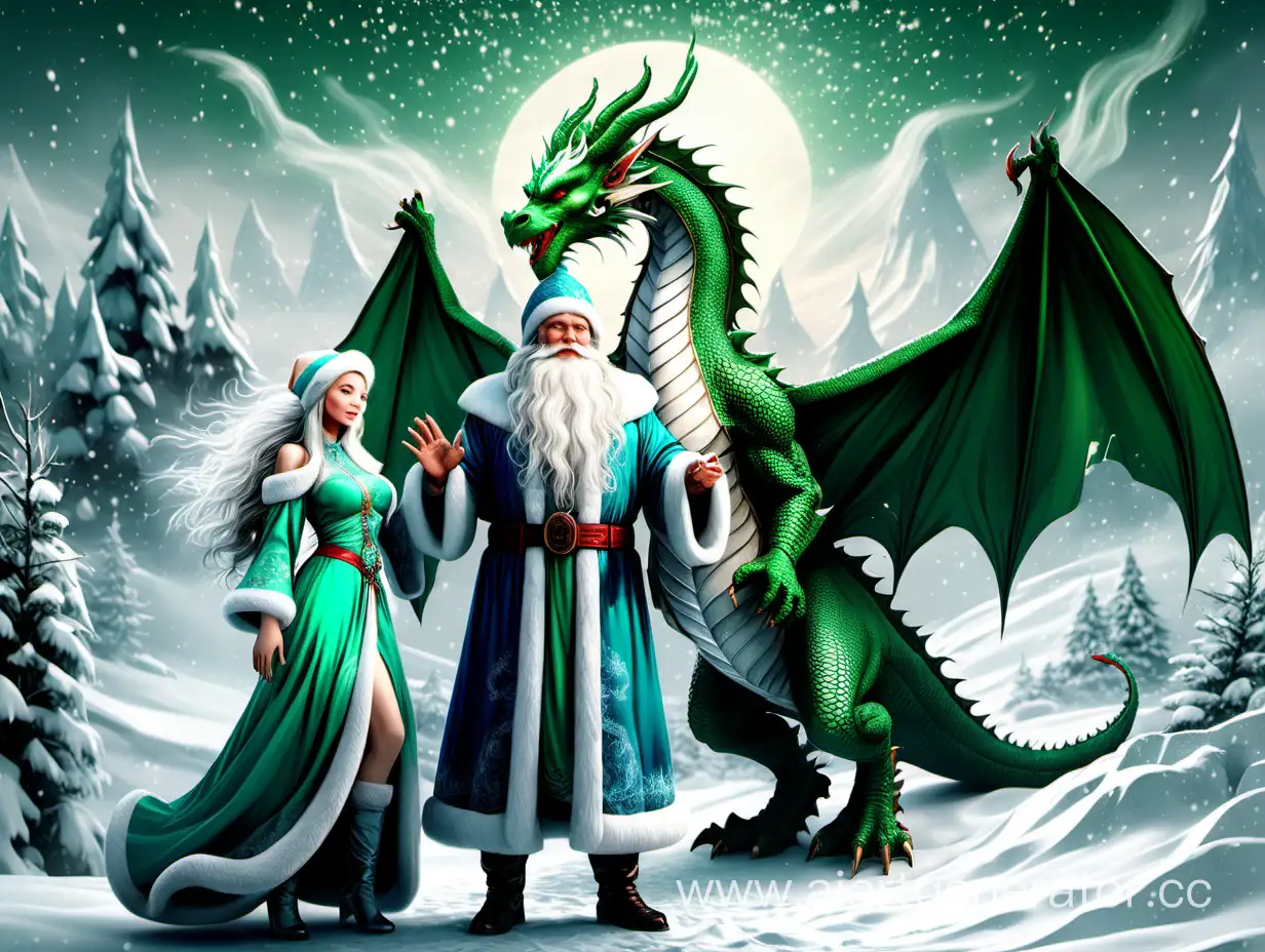 Поздравление с новым годом 2024 зелёного дракона с стиле фентези с мощным дедом морозом и снегурочкой