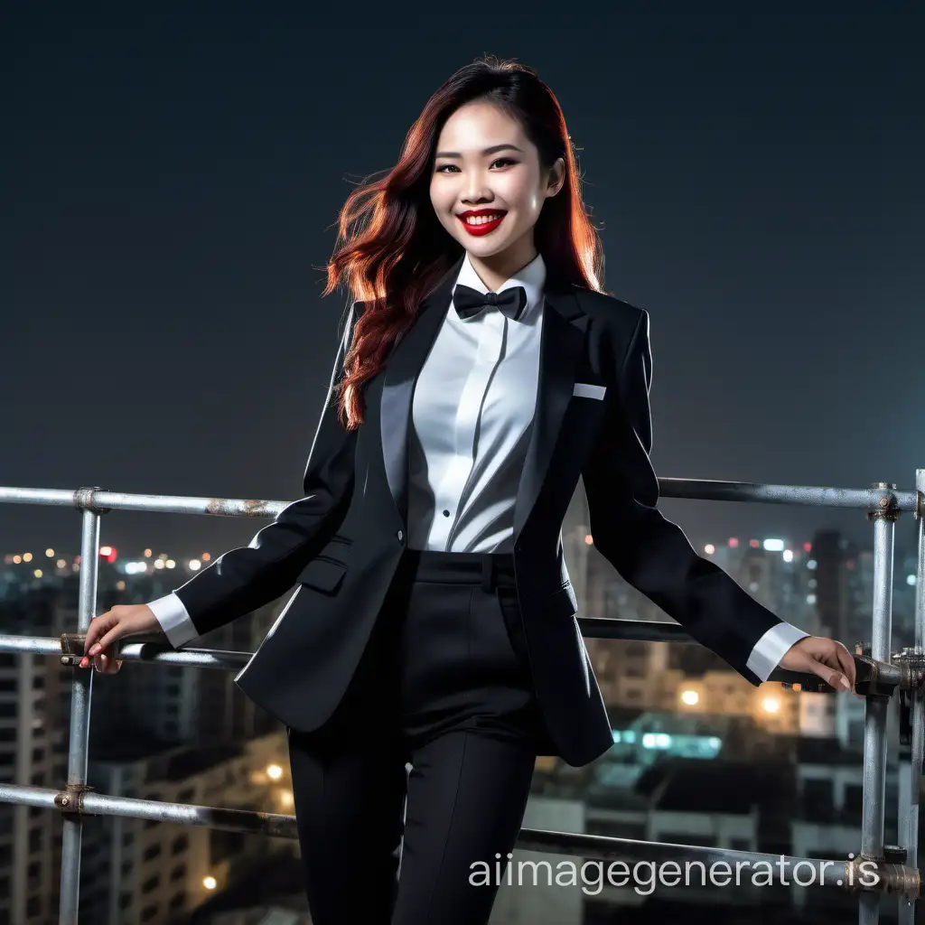 It is night  A sophisticated and confident vietnamese female assassin with shoulder length hair and lipstick is walking toward you on a scaffold high above the ground.  She is smiling and laughing.  She is wearing a black tuxedo with a black jacket.  Her jacket is opened. Her shirt is white with double french cuffs and a wing collar.  Her bowtie is black.  Her cufflinks are silver.  She is wearing black pants. 