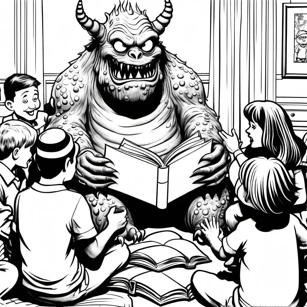 simple black and white color book image of one monster reading a storybook to a group of adults, all dressed in white, for coloring