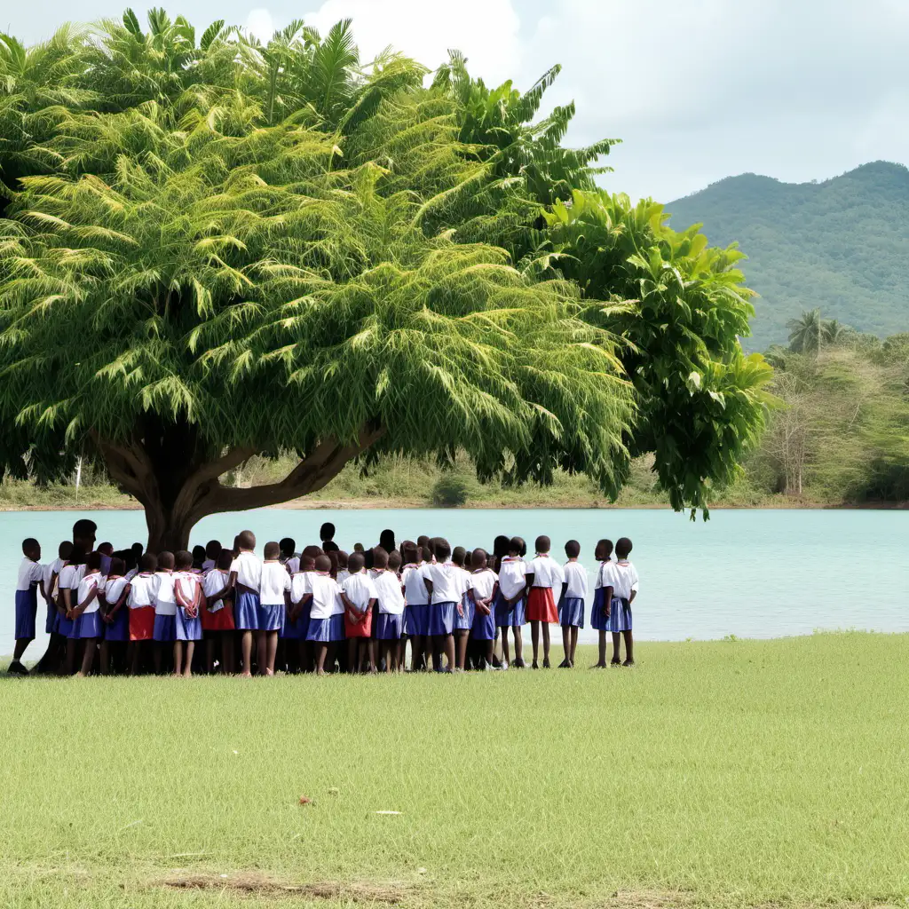 Light skinned primary school children in Jamaica stooped behind trees far from a lake in an open field and looking at it.
