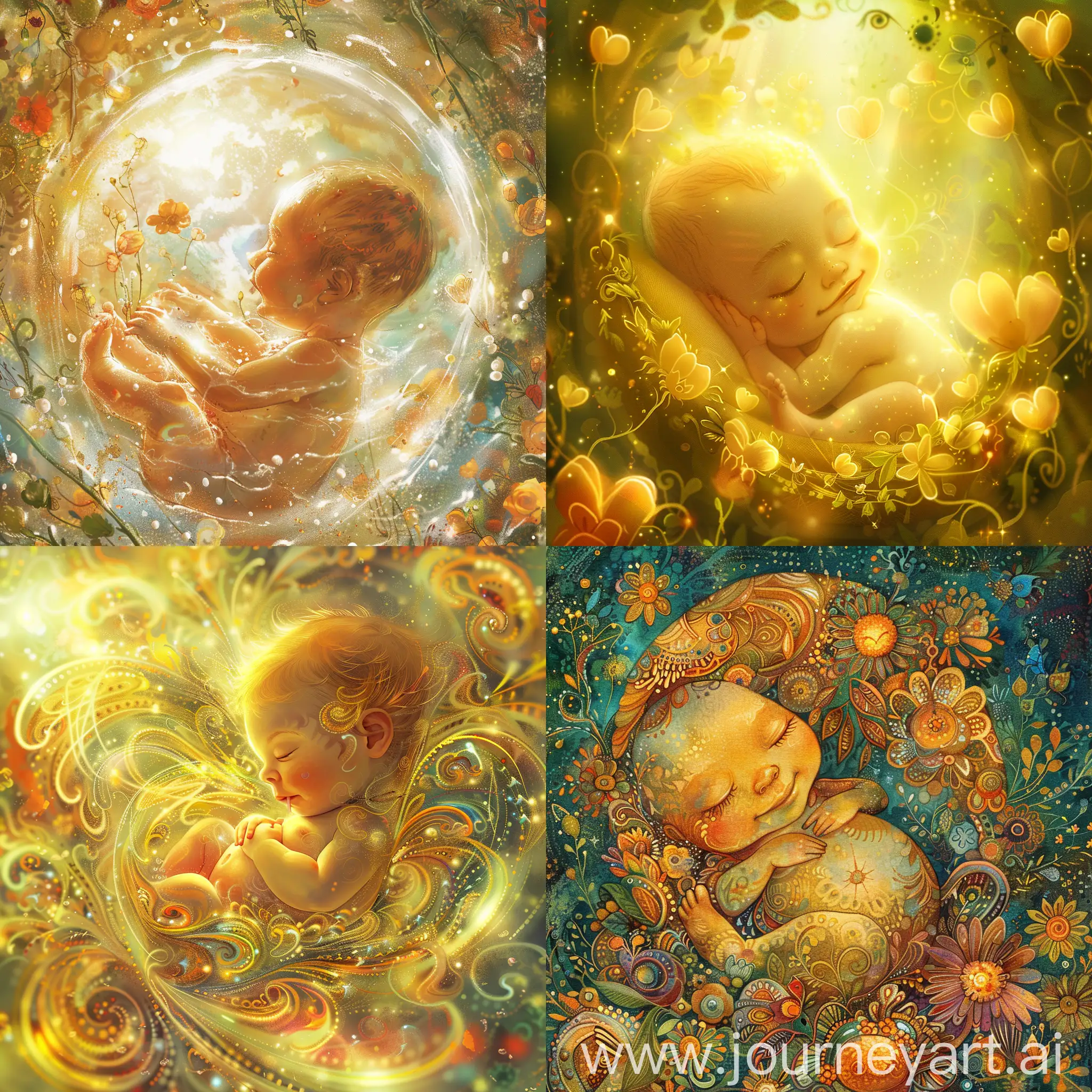 在子宫里的胎儿被爱与光环绕祝福，胎儿很快乐，活泼，健康