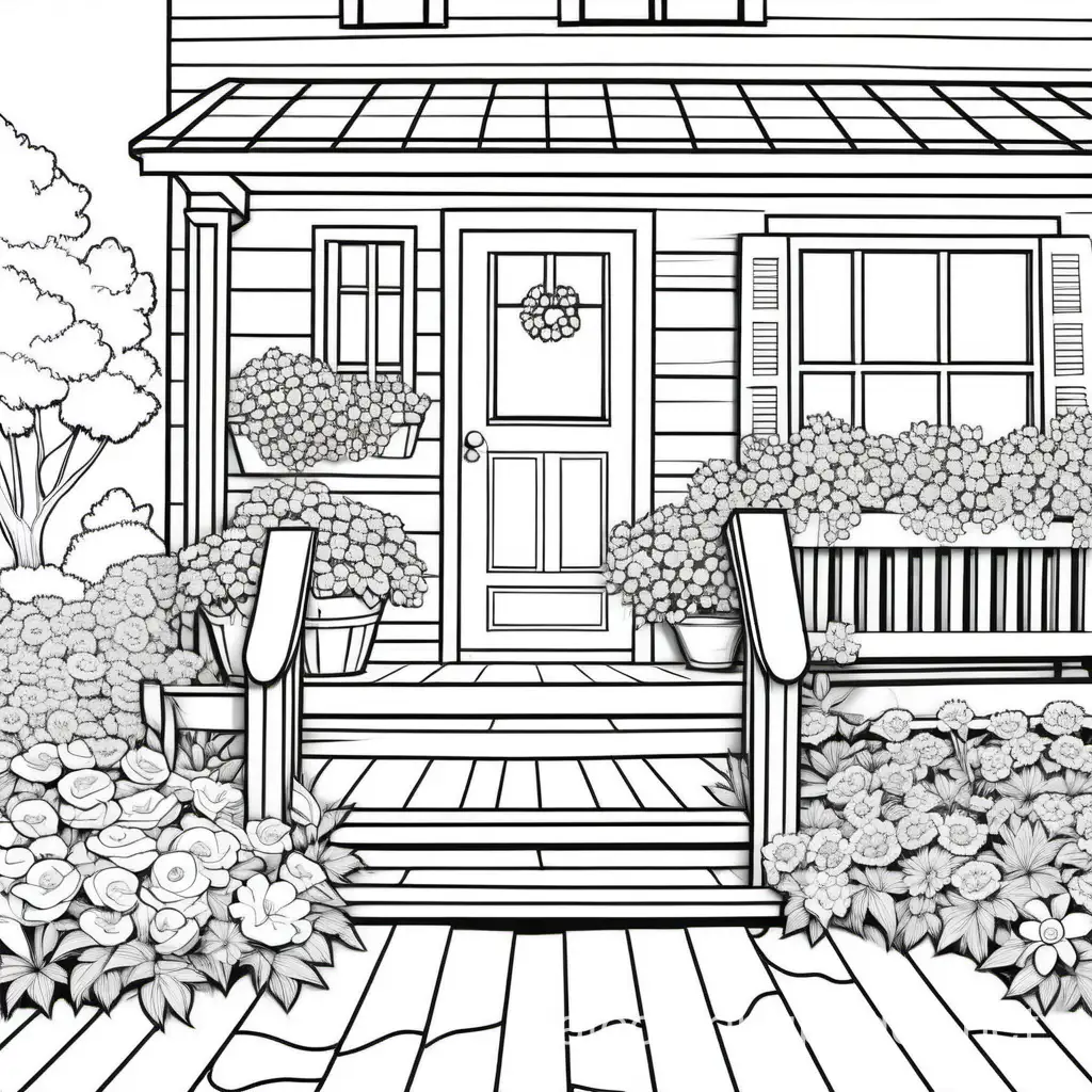 Country porch yard with flowers, Coloring Page, black and white, line art, white background, Simplicity, Ample White Space. The background of the coloring page is plain white to make it easy for young children to color within the lines. The outlines of all the subjects are easy to distinguish, making it simple for kids to color without too much difficulty