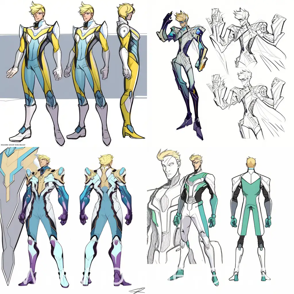 generate a stylized colored character concept sketch of a tall man with blonde hair wearing a futuristic jumpsuit and he has an extremely elongated neck stretching upward and his arm is extremely elongated and stretching to the foreground to give a thumbs up with his extremely elongated big hand