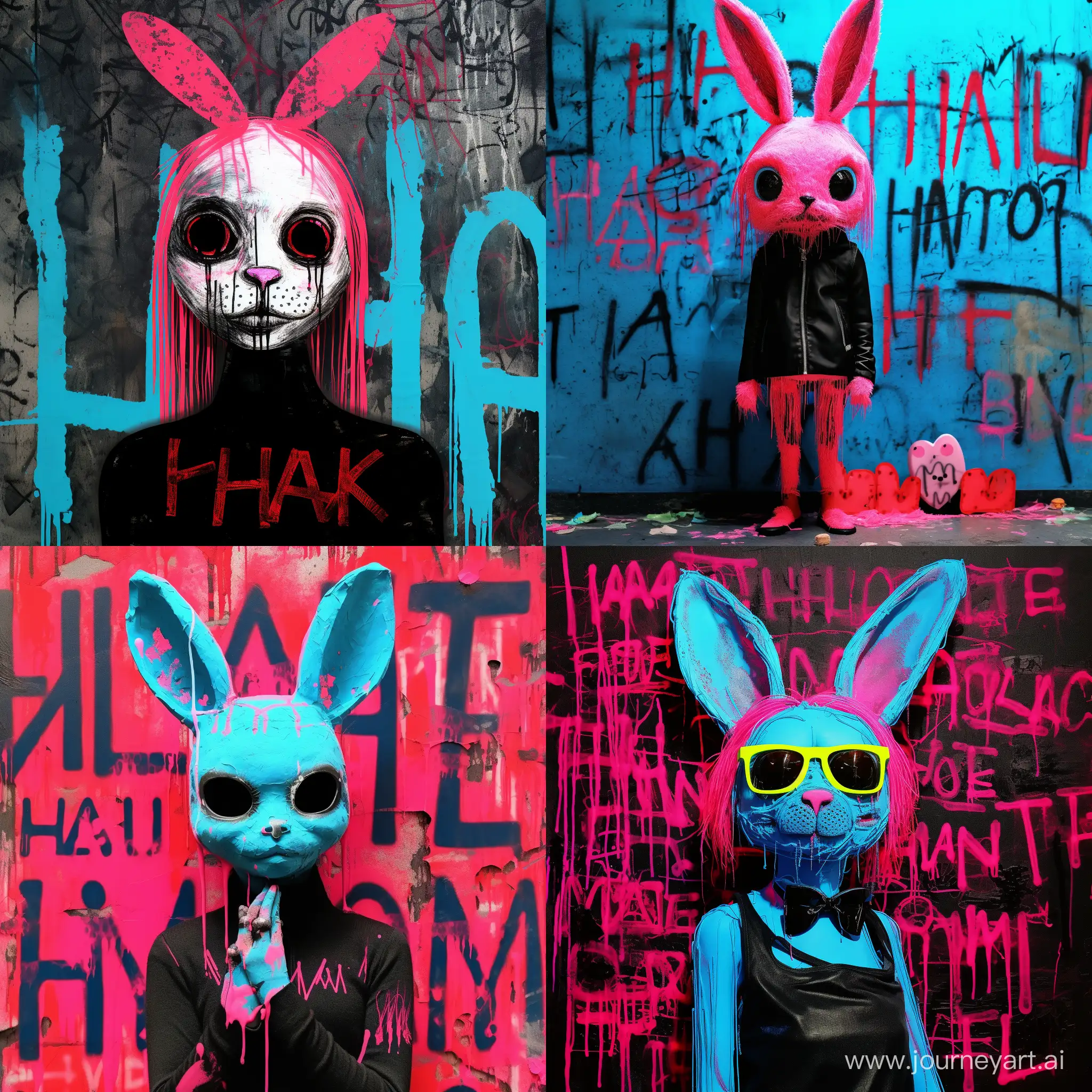 little pink haired bad bunny girl with red nail polish standing before a black and skull wrinkled texture, written on the wall in neon blue ink " HA HA HA"