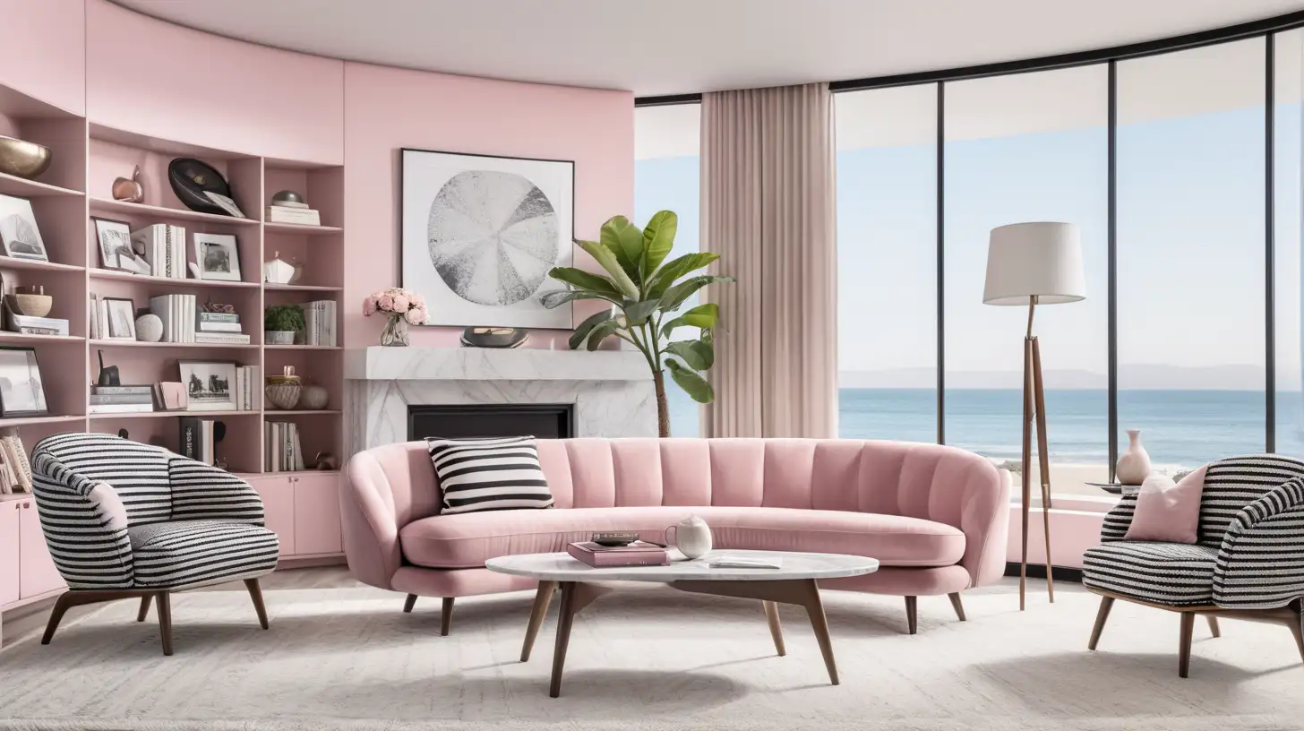 Contemporary Malibu Beach View Living Room with Pink Sofa and MidCentury Decor