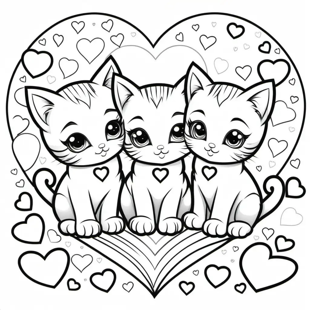 /imagine coloring pages for kids, valentine’s day kittens and hearts, cartoon style, thick lines, low detail, black and white - - ar 85:110