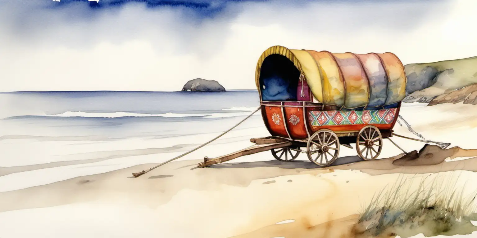 a watercolour painting of a romany gypsy wagon on a beach 