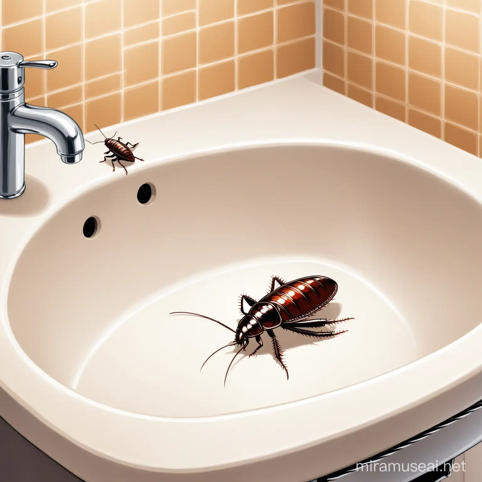 a woman is scared because she finds a cockroach under the sink in the bathroom.