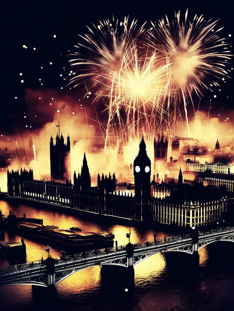 dramatic london skyline on new year with fireworks, digital art

