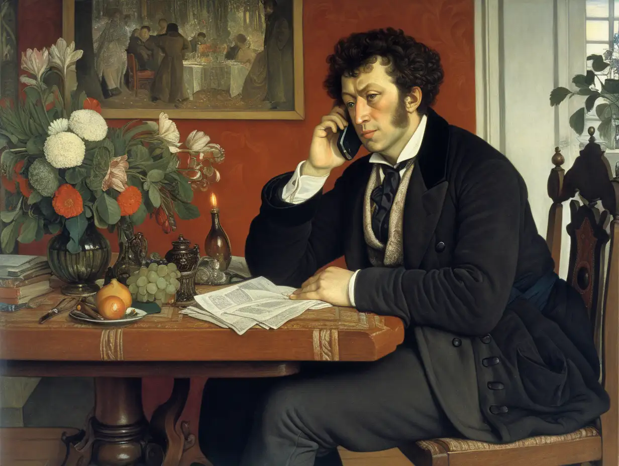 style by Vasnetsov, A. S. Pushkin, a Russian poet, is sitting at a table talking on a mobile phone