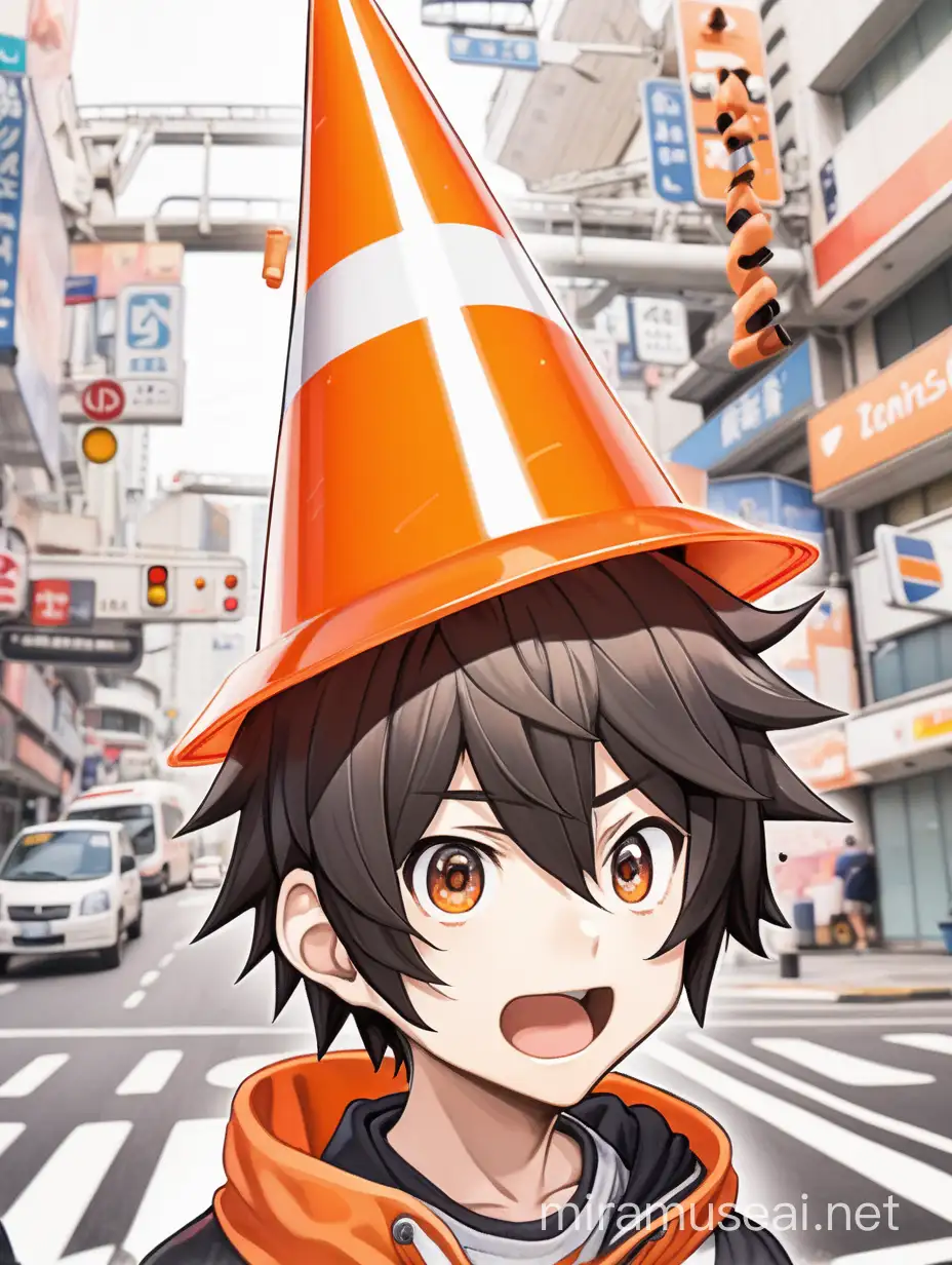a silly anime boy with a traffic cone in his head