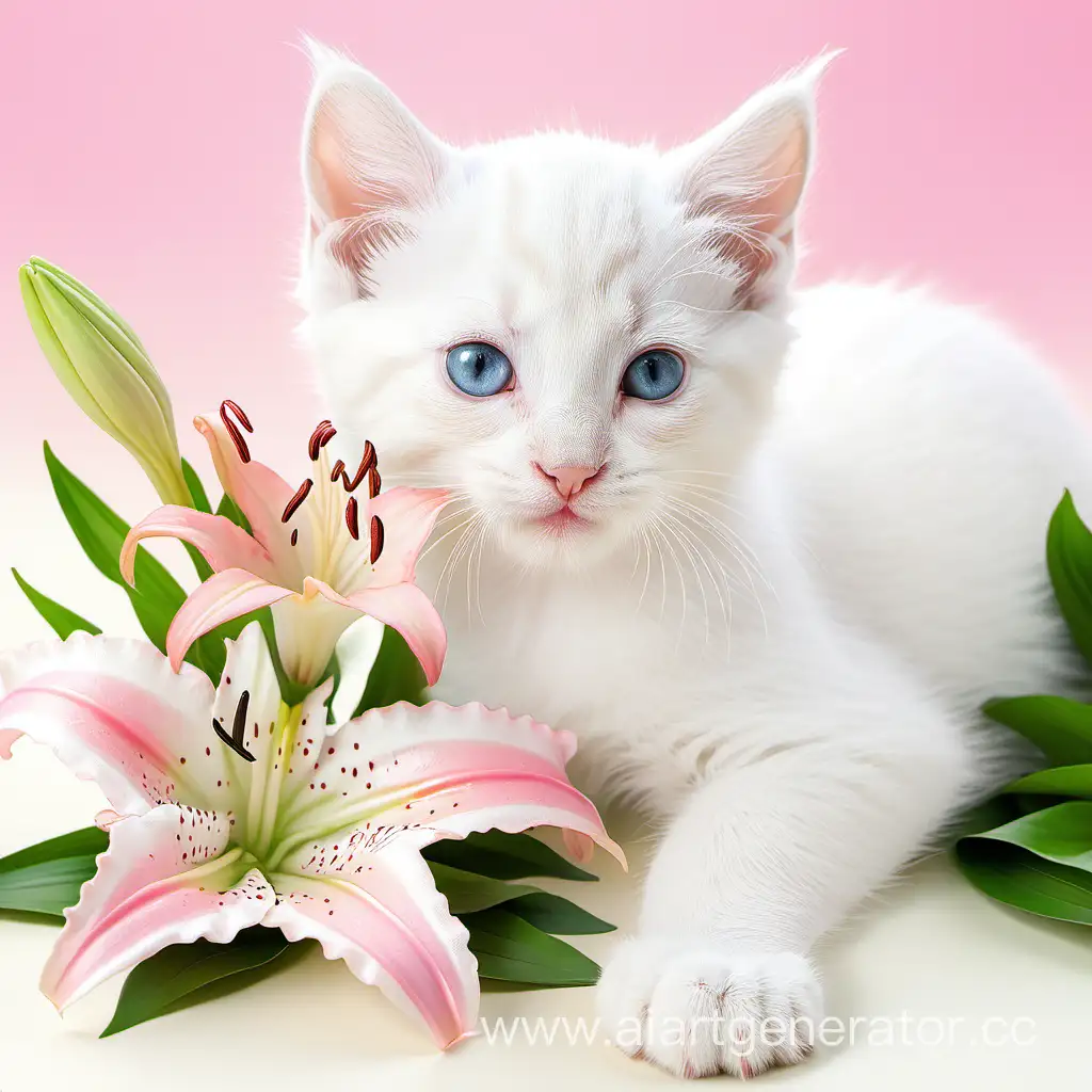 белый котенок с розовыми лилиями
