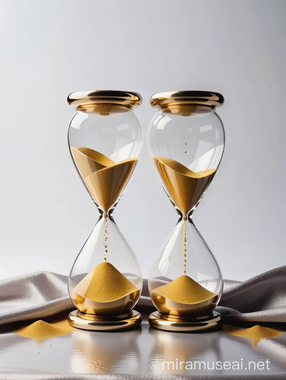 Hourglasses with golden sand inside. Hourglasses stands on silver wrinkled fabric. Clear white backround. 
