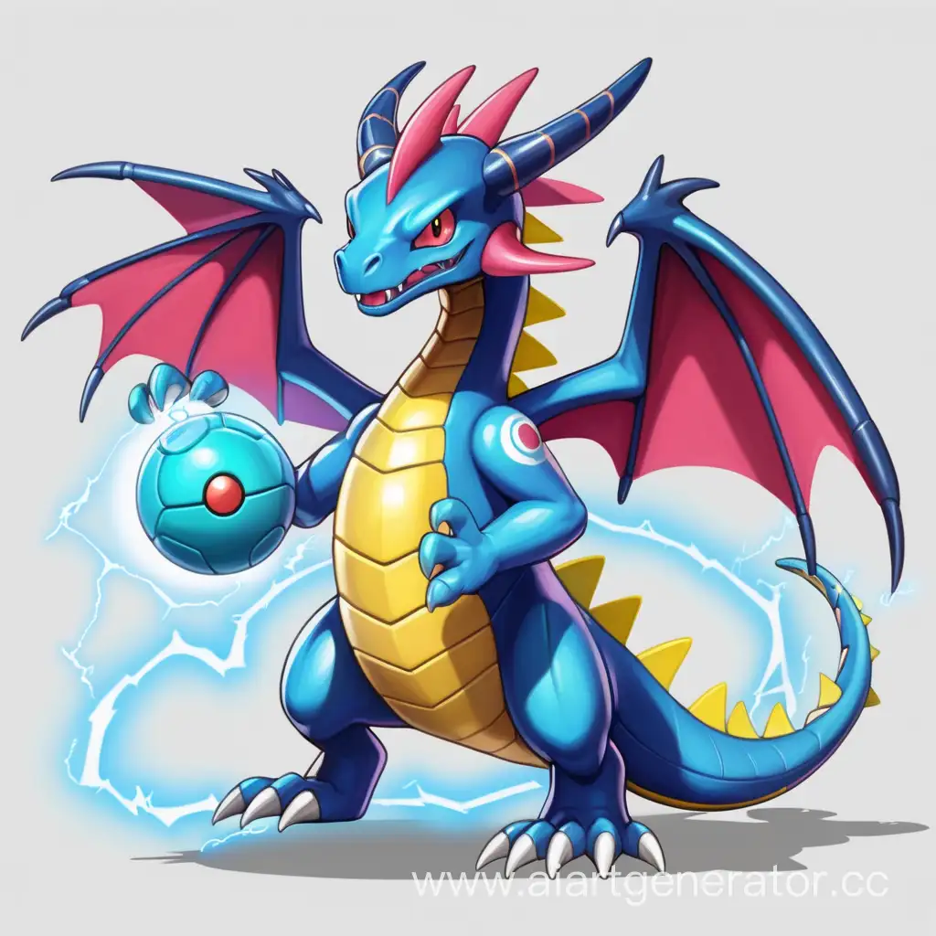 Электрический дракон с крыльями и электро шары рядом в стиле покемон,