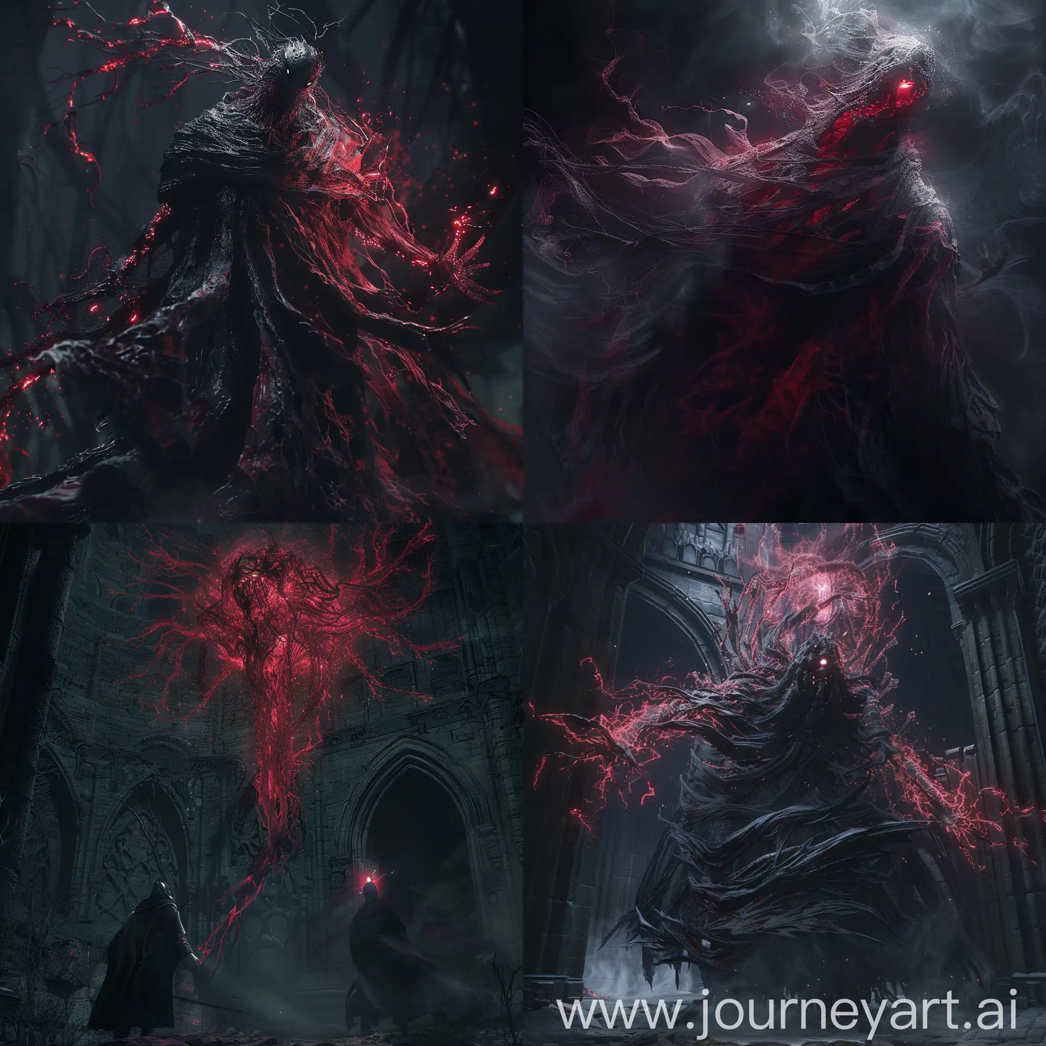 В the depths of Elden Ring, a demonic gaze pierces through the darkness, shrouded in a grotesque aura. A dark fantasy essence permeates its being, giving the form a mystical flicker of crimson glow. This boss, rendered in high resolution 8K, stands as an embodiment of shadows, its intimidating figure unfolding in mysterious obscurity, while the sinister presence is ominously illuminated by a crimson light.