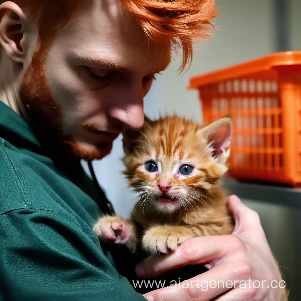Shelter-Worker-Sergey-Assists-Timid-Ginger-Kitten