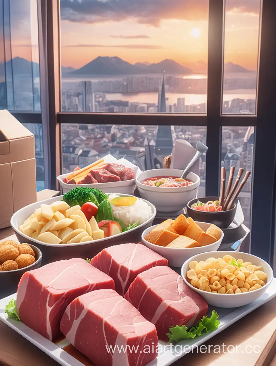 Еда в стилистике аниме, сочное и вкусное мясо с какими нибудь закусками на фоне окна с красивым видом