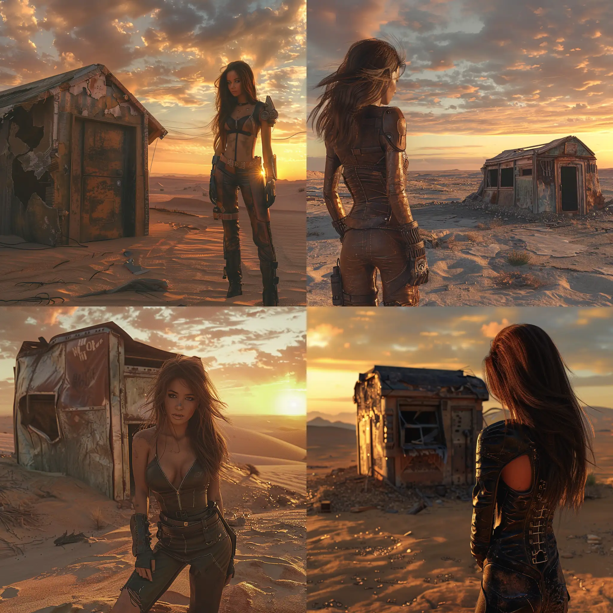 Futuristic-PostApocalyptic-Sunset-Brown-Haired-Woman-in-Leather-Clothing-near-Small-Damaged-Building