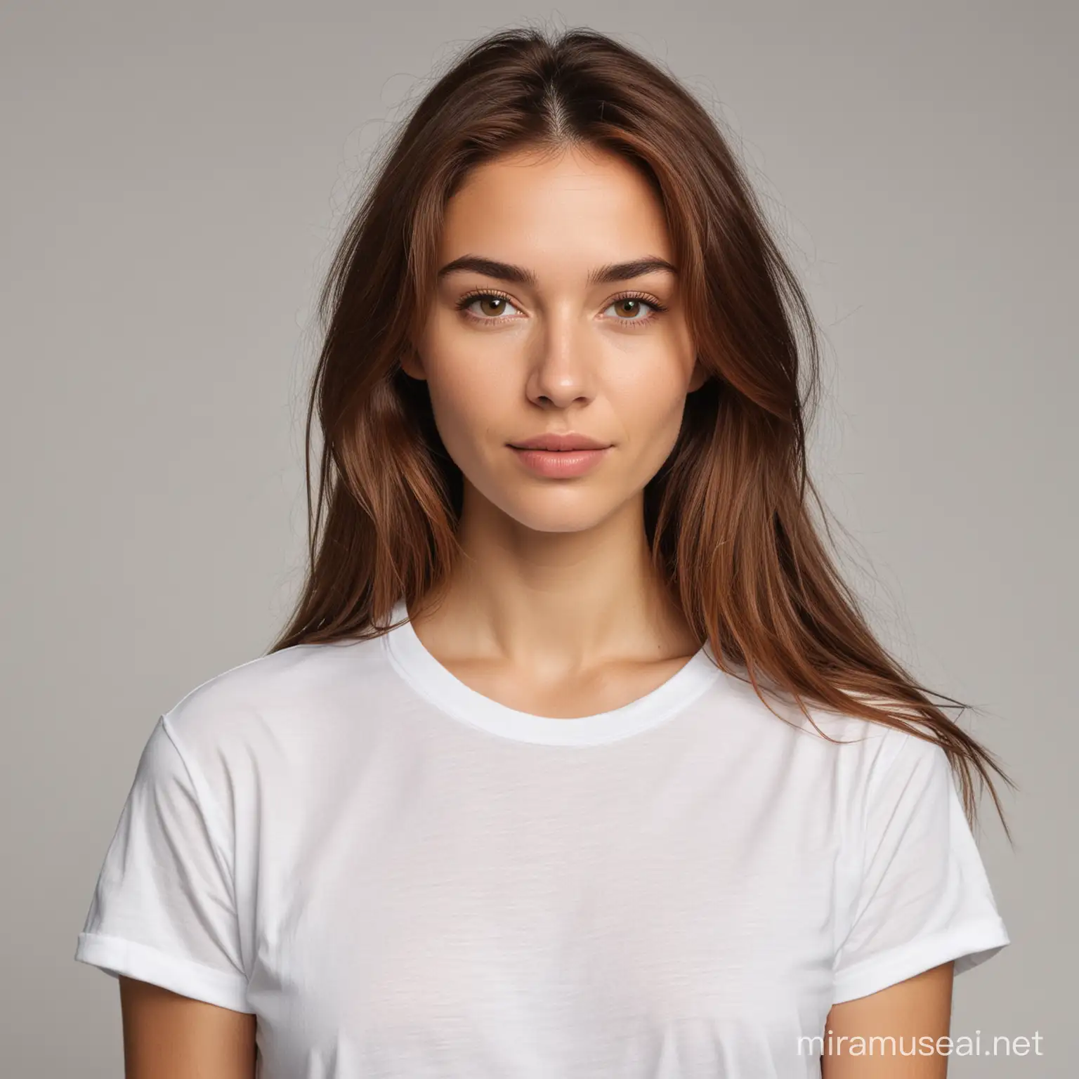 Stylish Woman in White Tee with Flowing Brown Hair