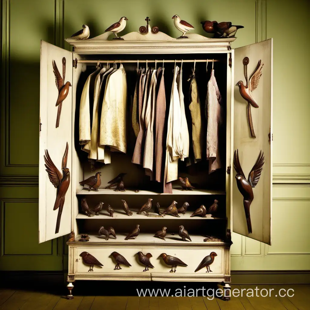 Antique-English-Wardrobe-with-Wooden-Birds-in-a-1840s-Setting