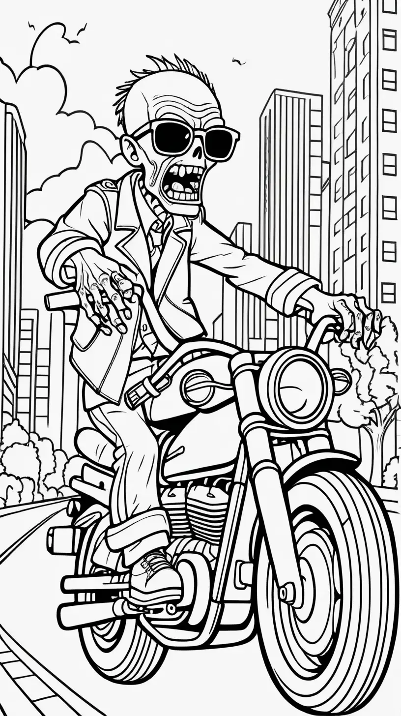Friendly Zombie Riding Motorcycle Through Urban Landscape Coloring Book Illustration
