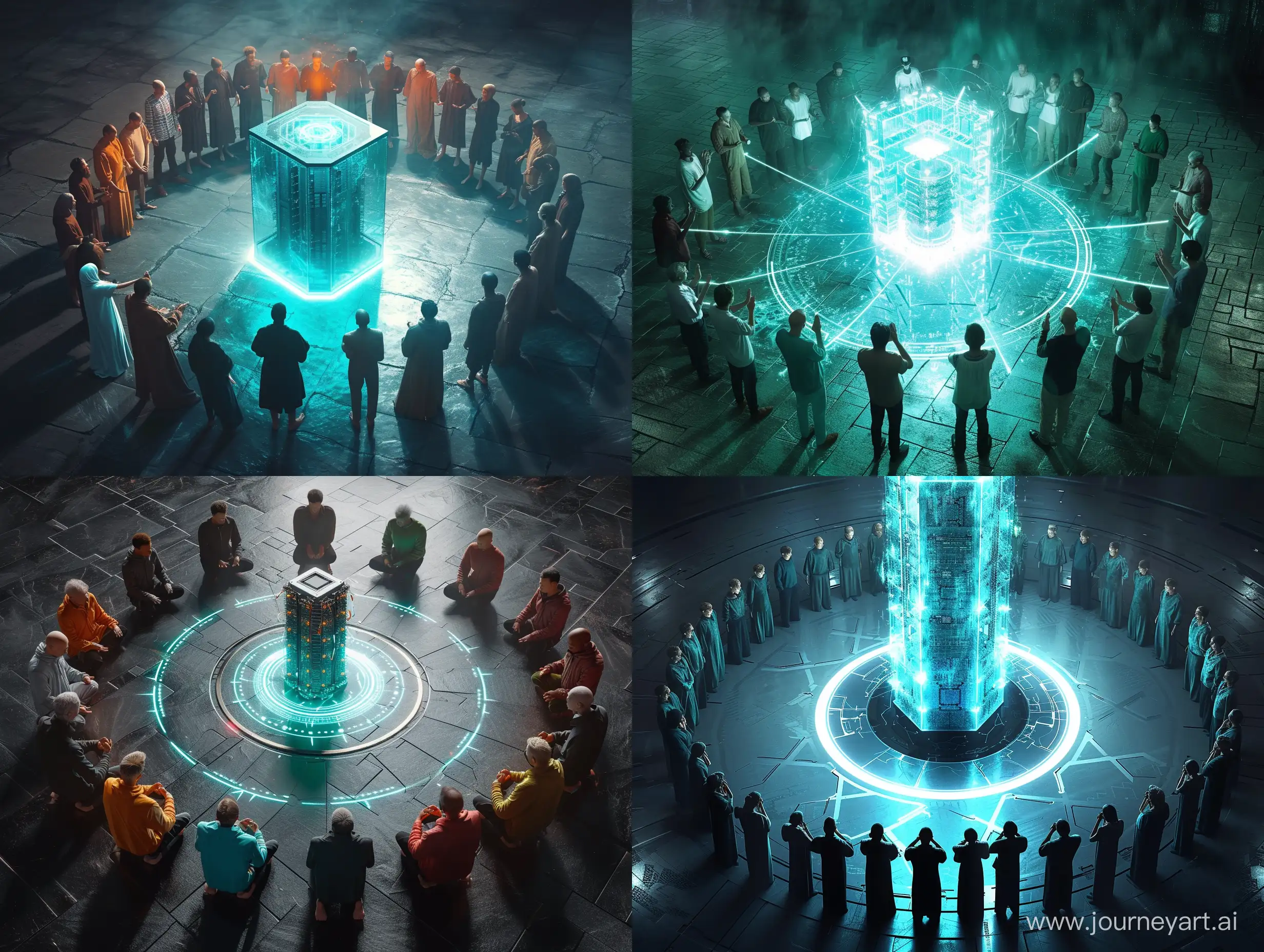 People in circle praying to Quantum supercomputer in centre, high details, 8k, fantasy, hd, amazing