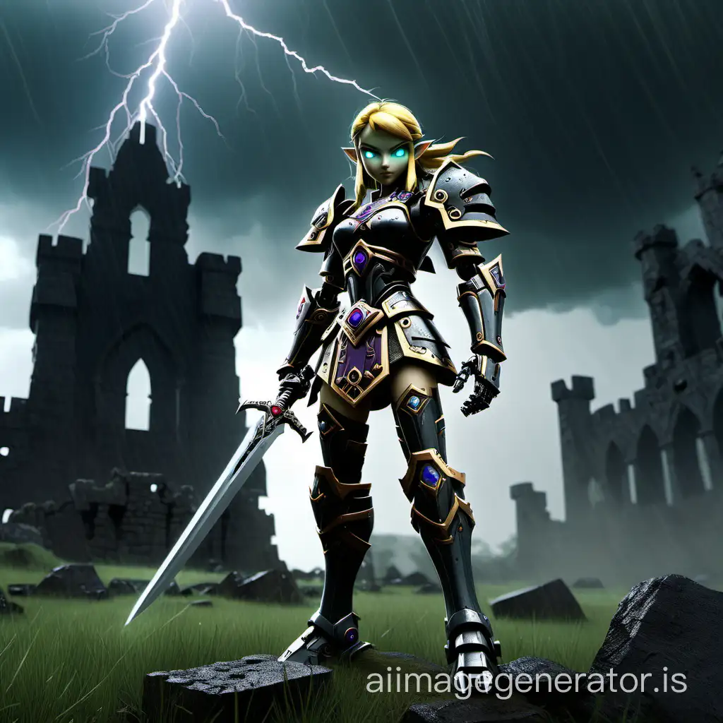 realistic robot Zelda standing in front of a ruined castle in a thunderstorm holding a sword and wearing black armor