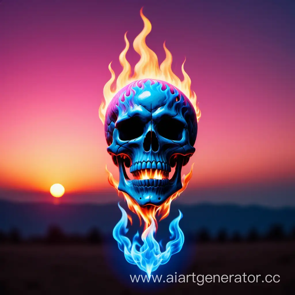 Ethereal-Flaming-Skull-Illuminated-by-Blue-Fire-in-Majestic-Pink-Sunset