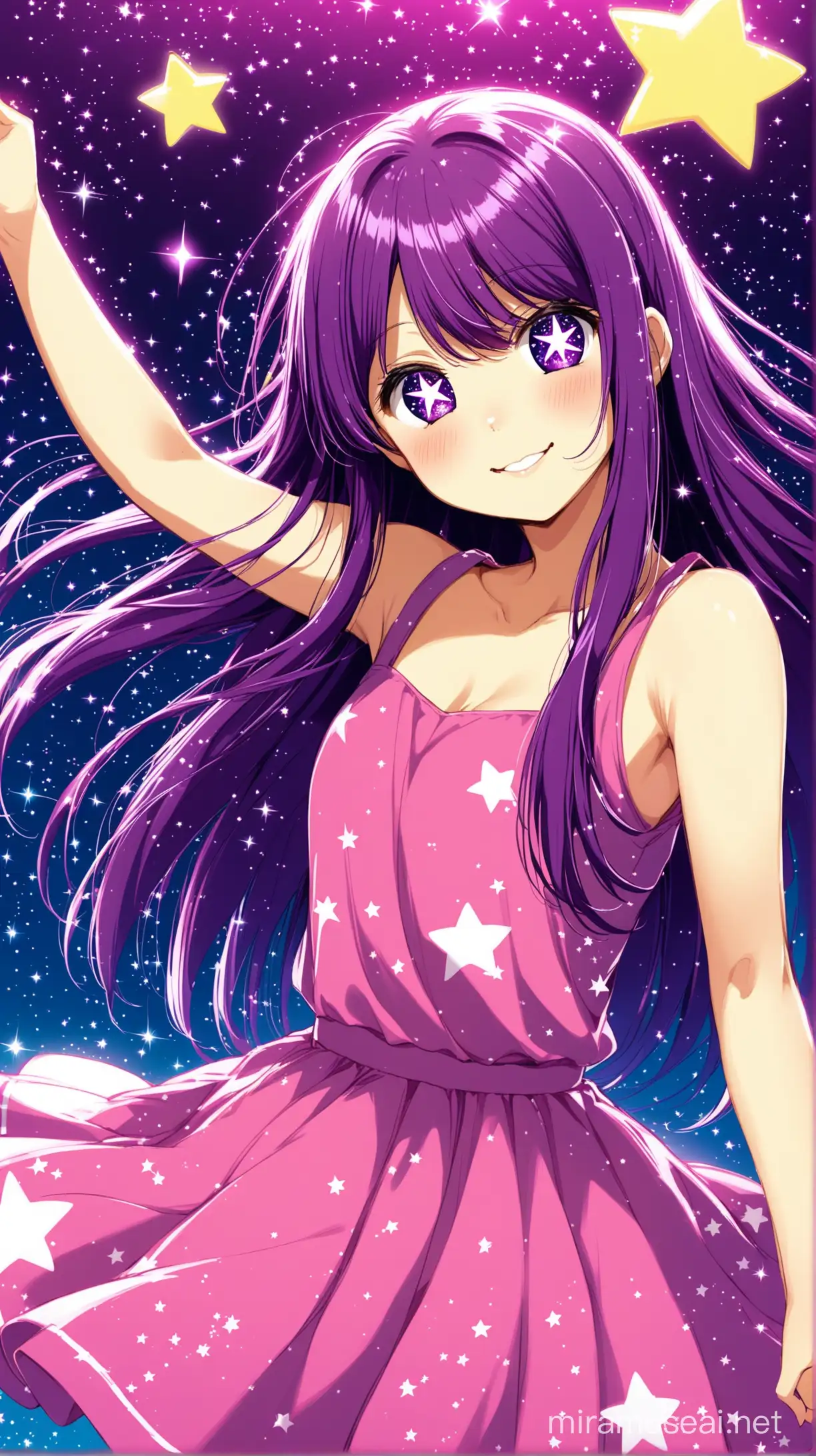 Ai Hoshino, "Oshi no ko", long purple hair, dancing, cute, stars on eyes
