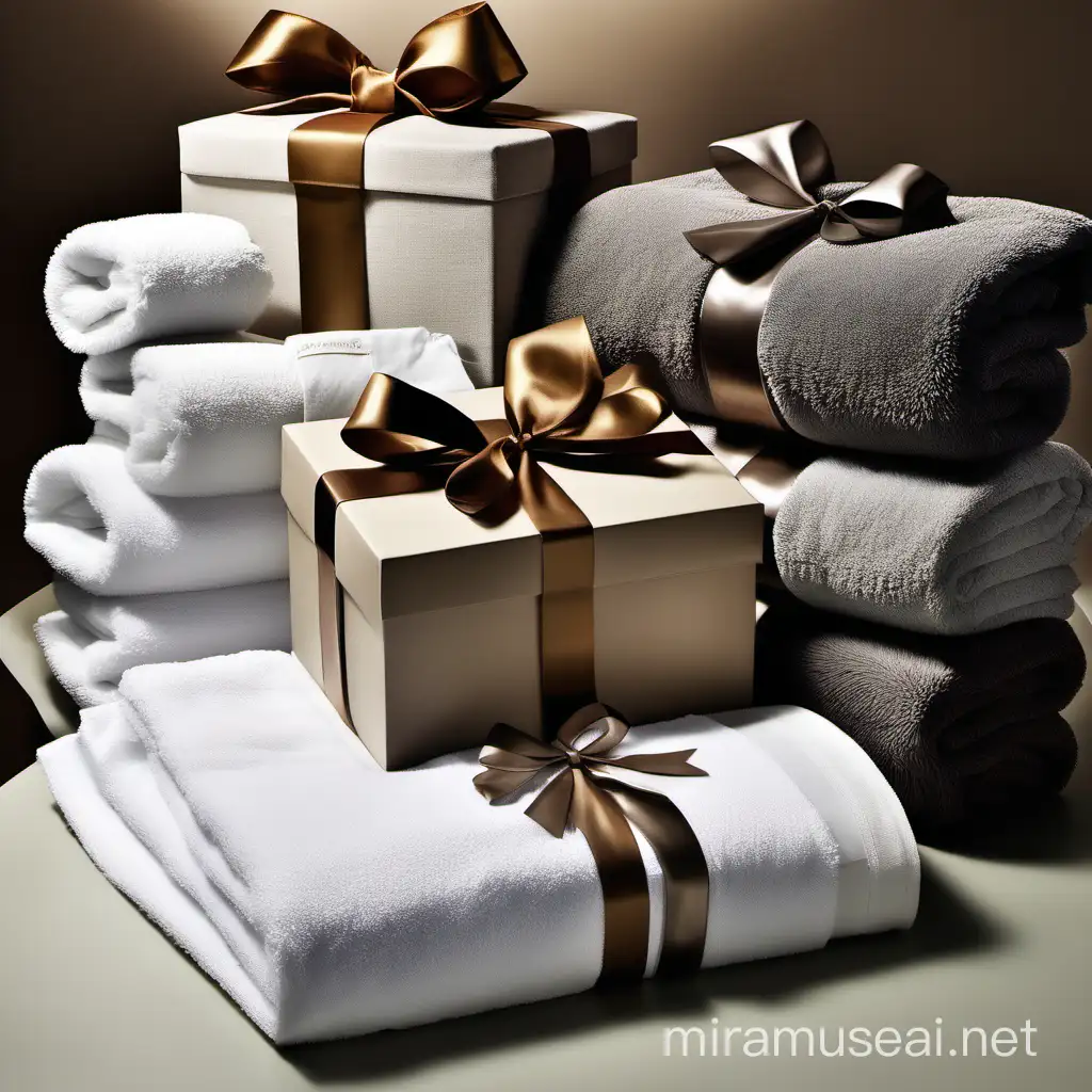 "Craft a captivating visual concept for an Instagram promotion, featuring a backdrop of exquisite textile in serene shades of gray and brown, evoking a sense of warmth and luxury. Against this backdrop, depict a series of beautifully wrapped gifts, each adorned with elegant ribbons. These gifts are not traditional boxes but instead are creatively crafted from luxurious towels. Picture a large towel serving as the base, with smaller towels fashioned into a decorative bow. The composition exudes sophistication and creativity, capturing the essence of the giveaway event while highlighting the store's premium textile products. This illustration invites viewers to imagine the excitement of receiving such a lavish gift and entices them to participate in the giveaway. Embrace the beauty of simplicity and elegance, drawing viewers in with the allure of luxurious textiles transformed into stunning gifts."