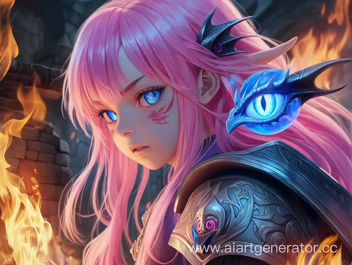 Dragon slayer, girl with dragon eyes, blue flame, long pink hair