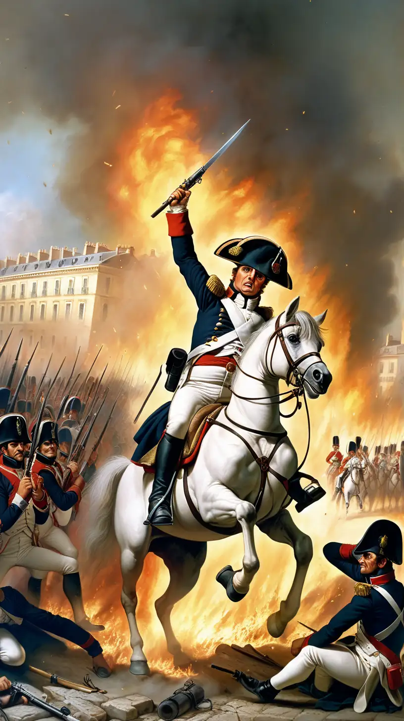 Napoleon is fighting and there are soldiers around him, the city is on fire
