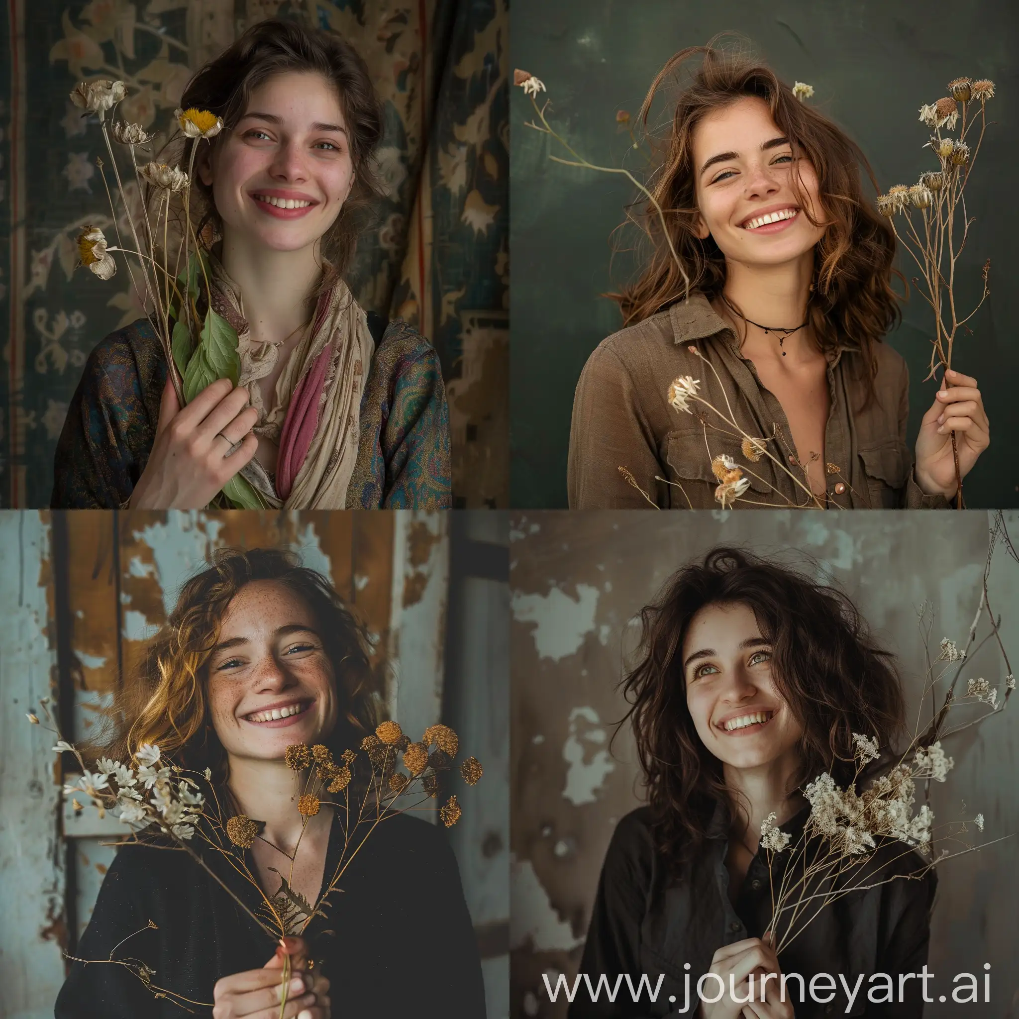 A woman holding dead flowers, smiling, artistic composition, photo