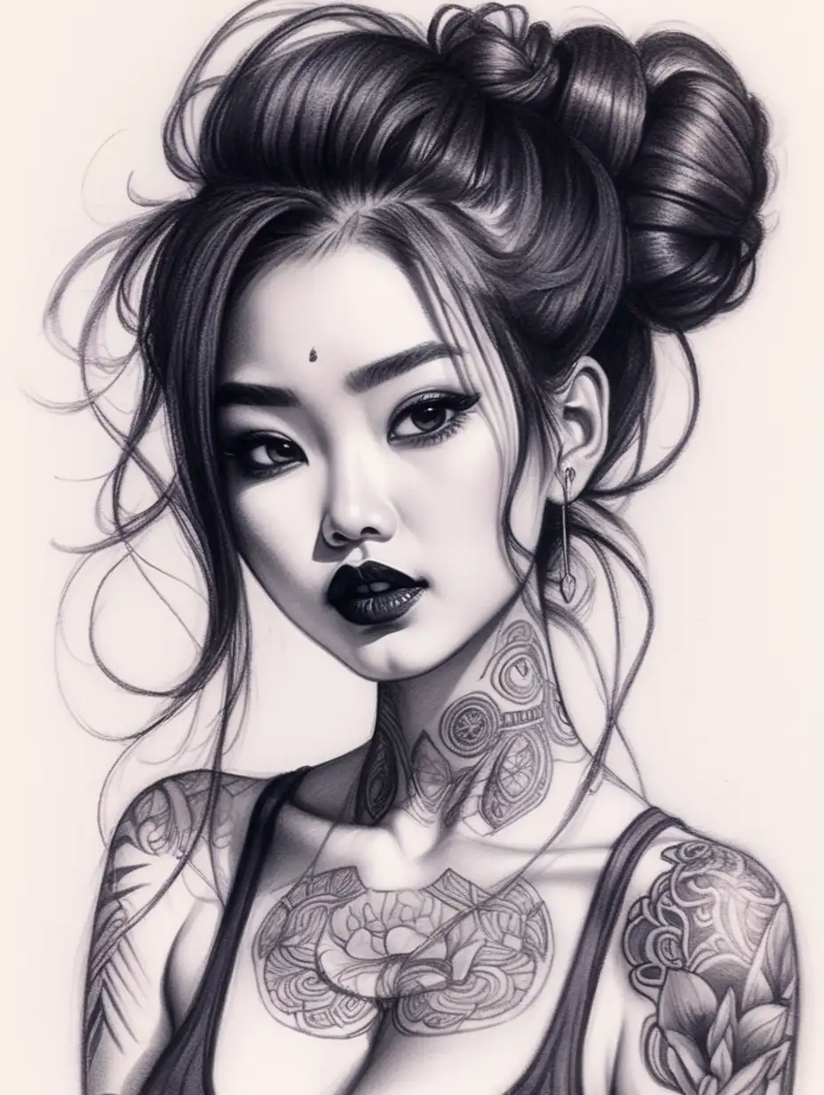 PixarStyle Ballpoint Pen Sketch Captivating Vietnamese Woman with Body Tattoos