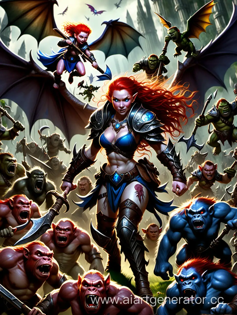 Courageous-RedHaired-Warrior-Soars-with-Baby-Dragon-and-Dwarven-Axe-Amidst-Orc-and-Elf-Pursuit