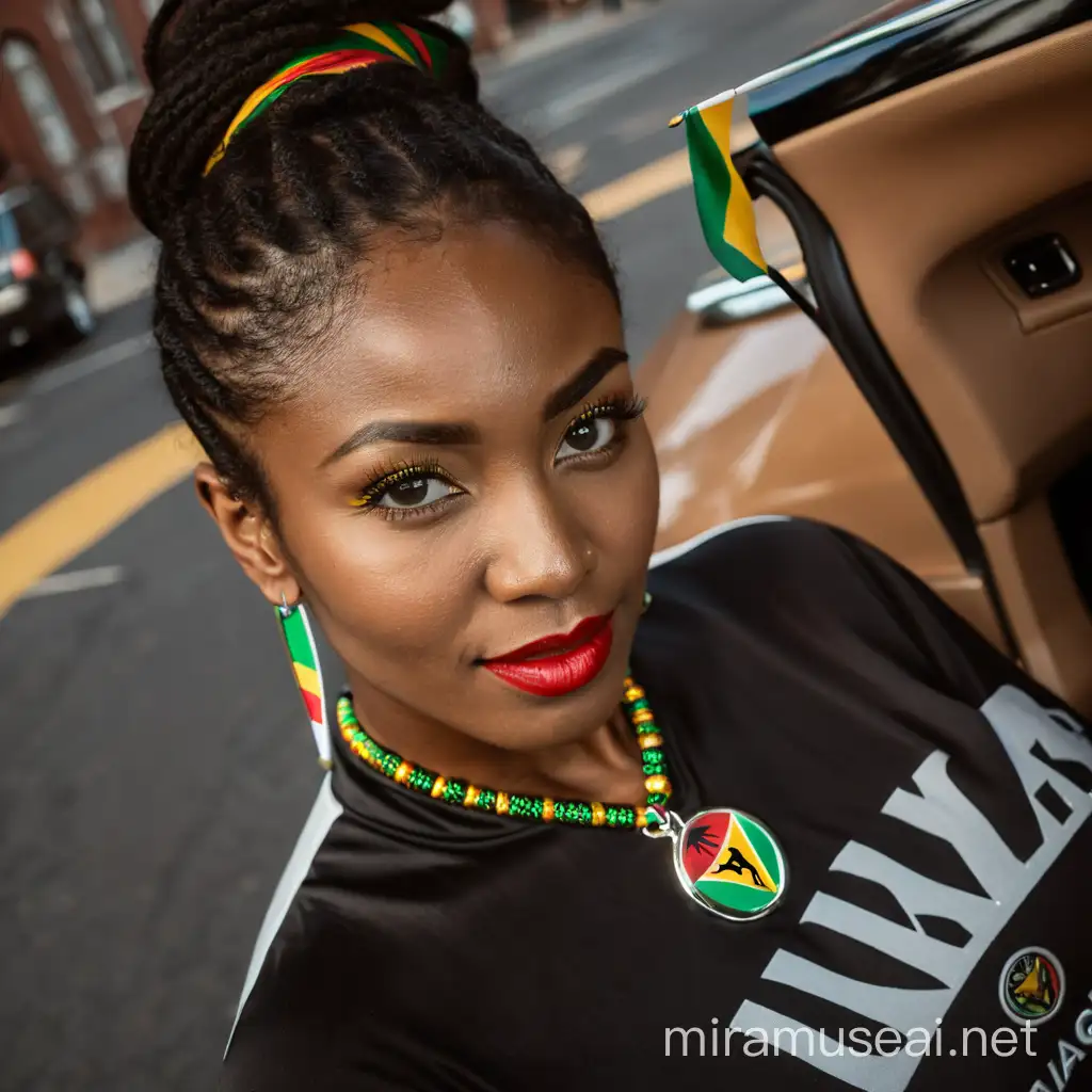 Guyanese Woman Proudly Holds Flag by Cadillac Escalade in Brooklyn