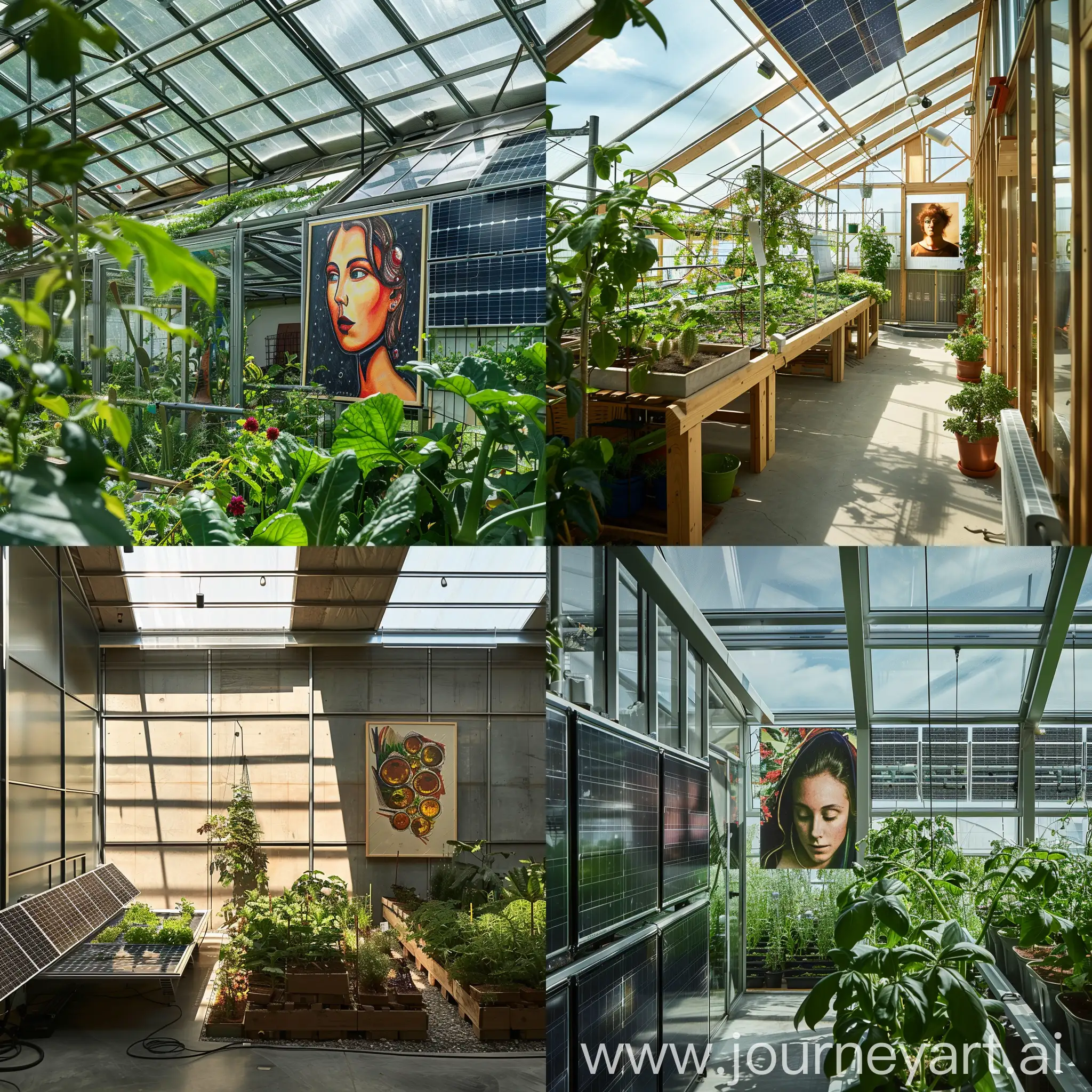 agrocultural greenhouse with solar panels on the roof, portrait llens wall view interior