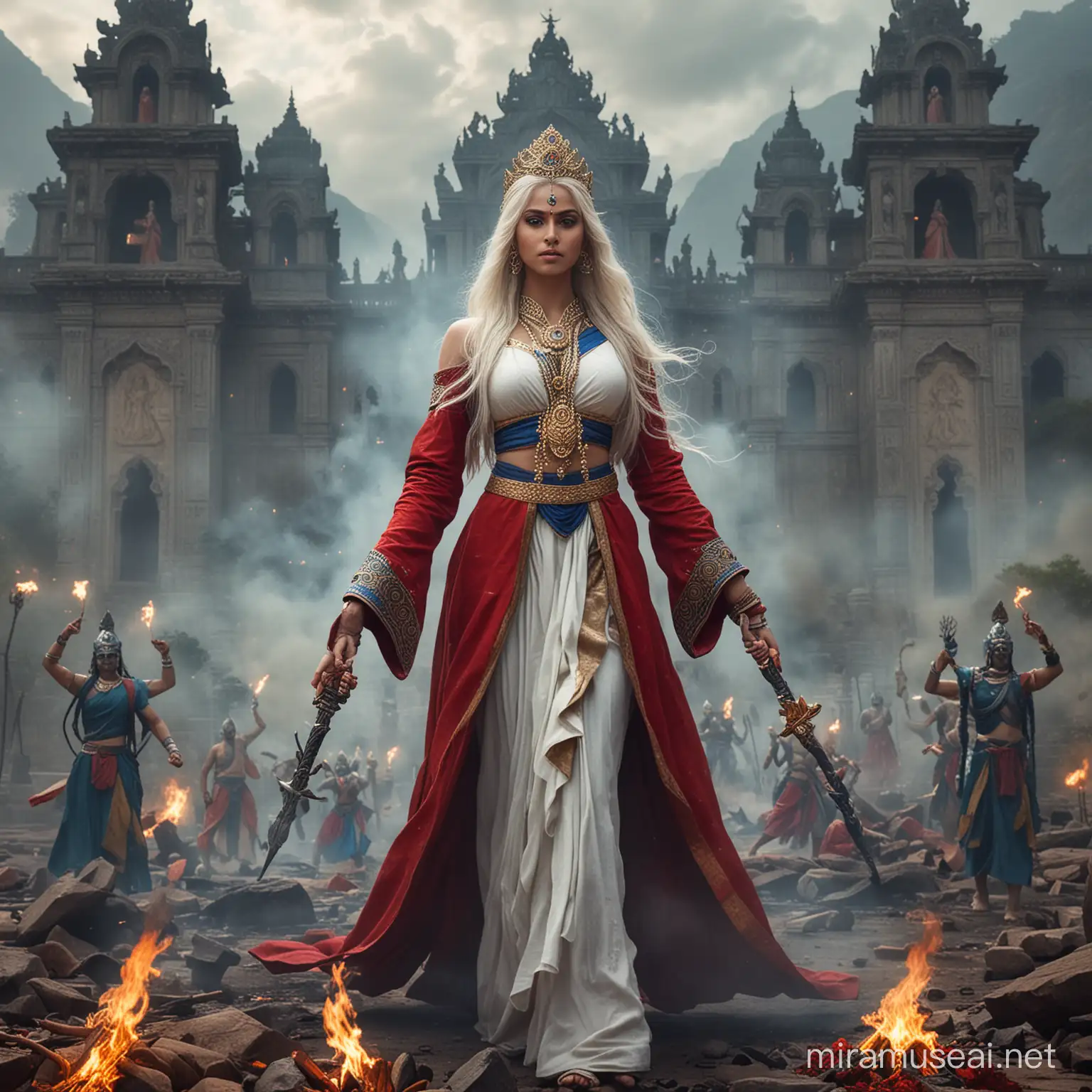 Powerful Hindu Empress Goddess Surrounded by Demonic Deities in Fiery Combat