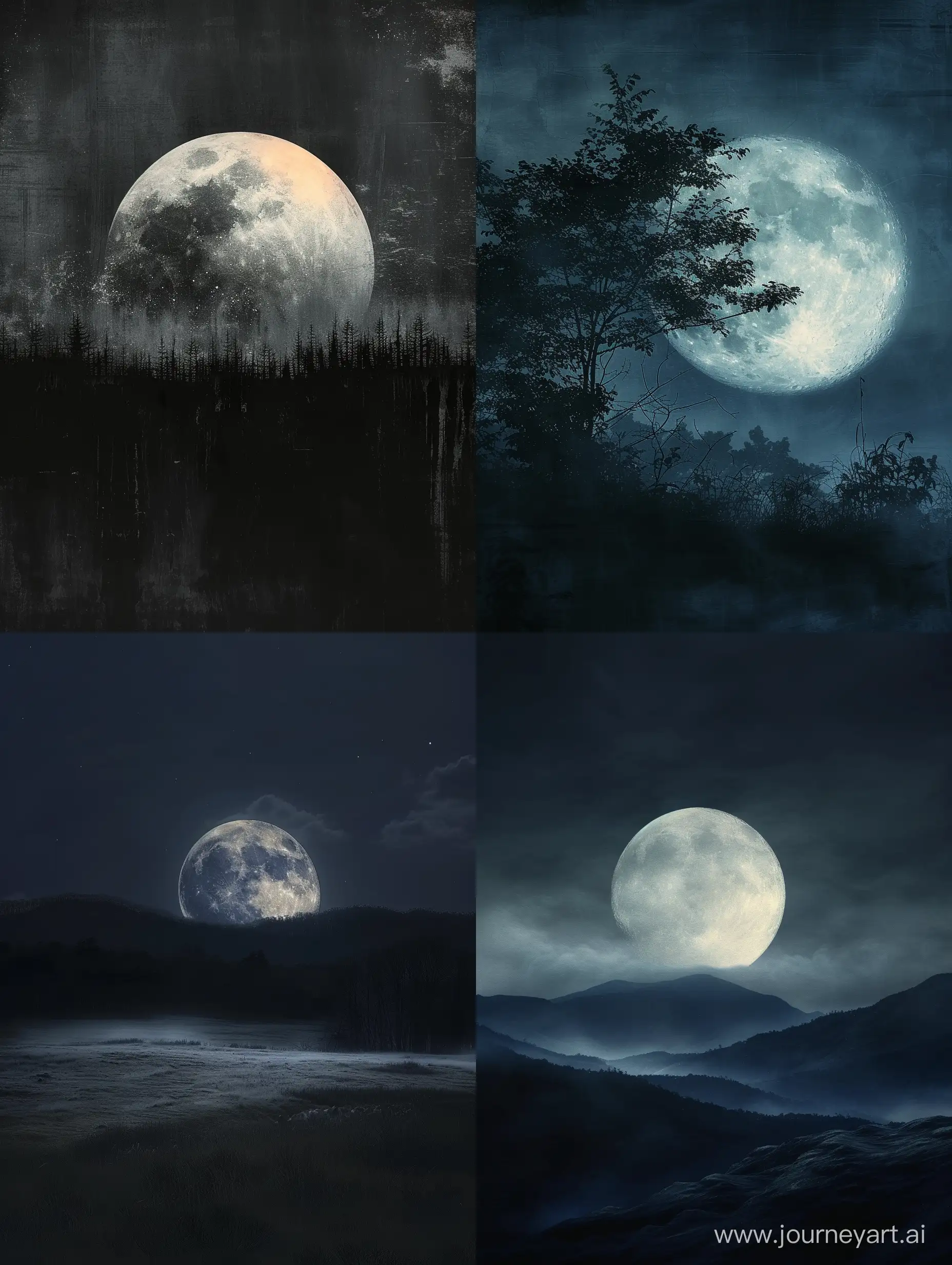A night landscape where a full moon is obscured by subtle shadows.