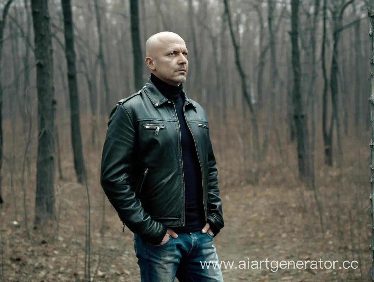 a bald man, forty years old, in a leather jacket stands at the edge of the forest