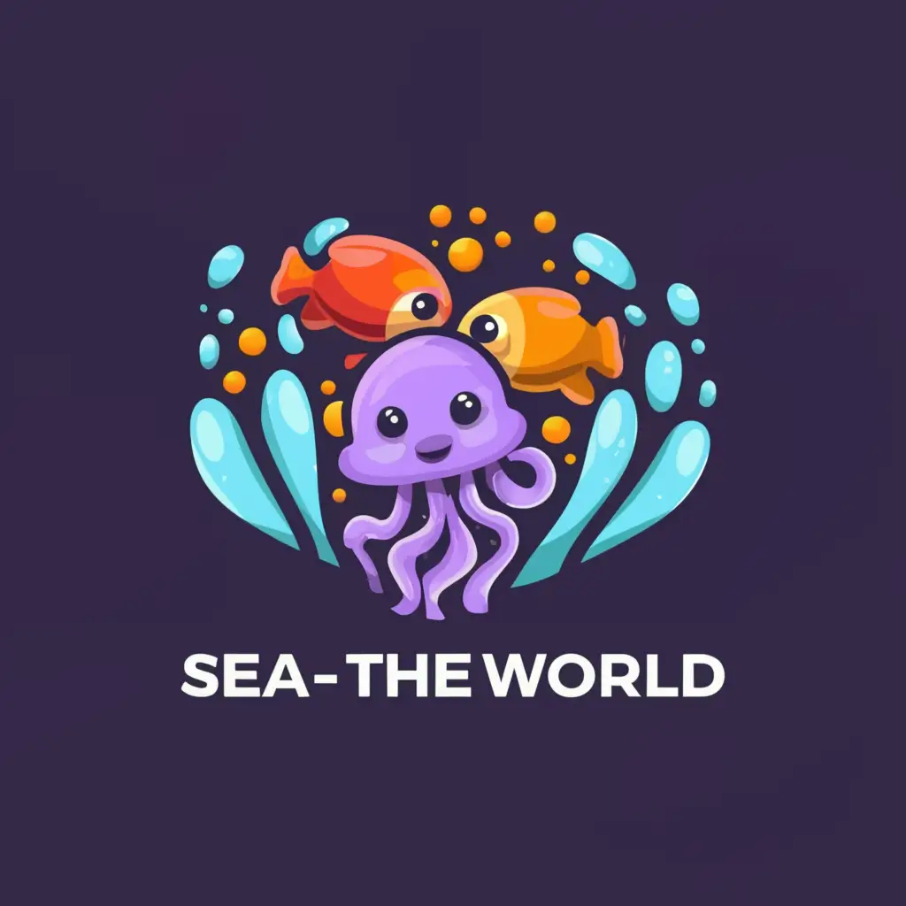 a logo design,with the text "Sea-The-World ", main symbol:purple jellyfish, orange fish, water slides,complex,be used in Home Family industry,clear background