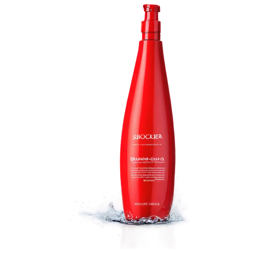 A beautiful bottle of bright red color with shampoo, stands ob stone surface, background is a water going from the top of rocket