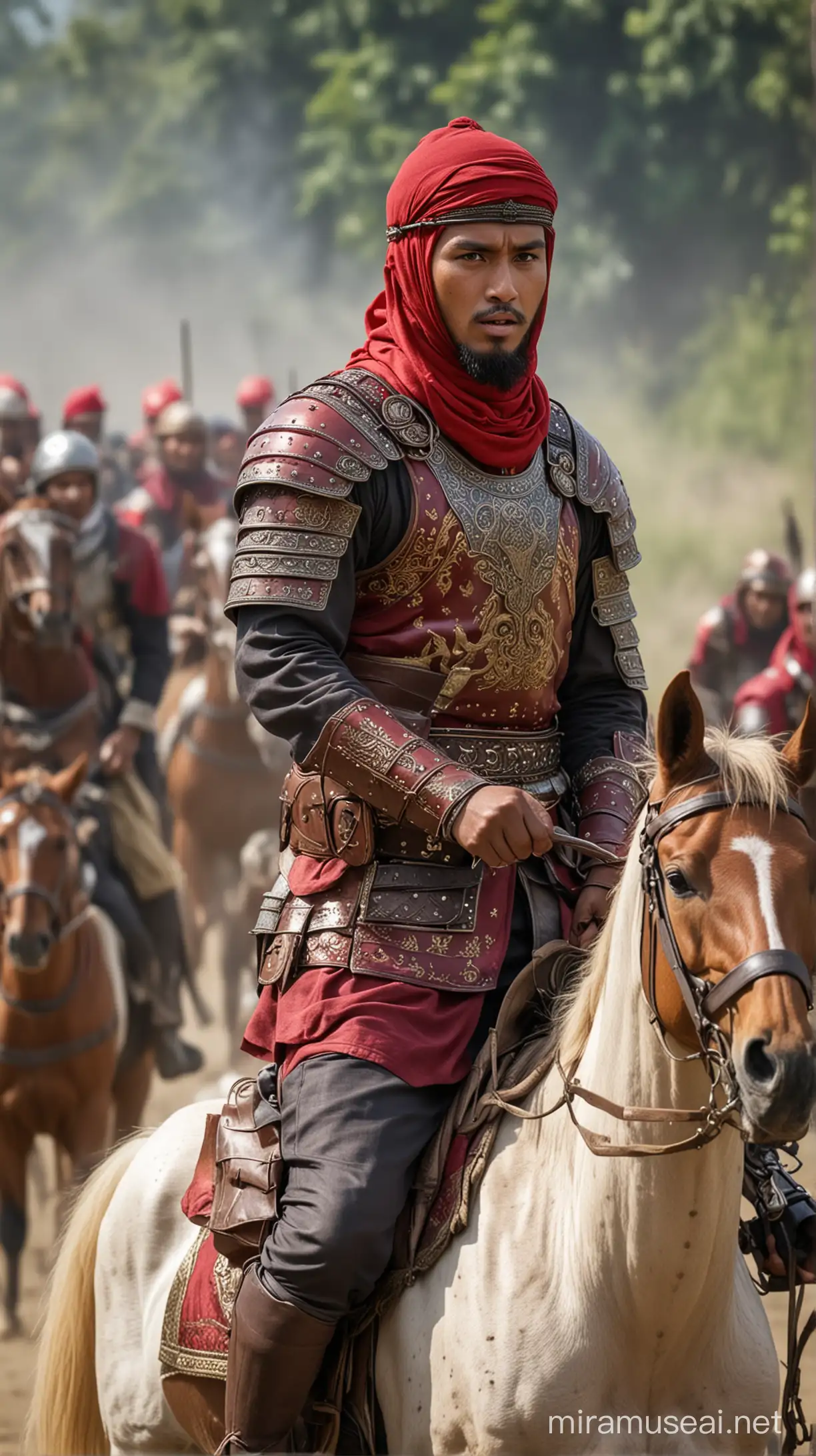 Muslim a man 27 years old,sedikit gemuk,tubuh pendek,wajah indonesia, wearing red helmets and armor, are riding horses into battle