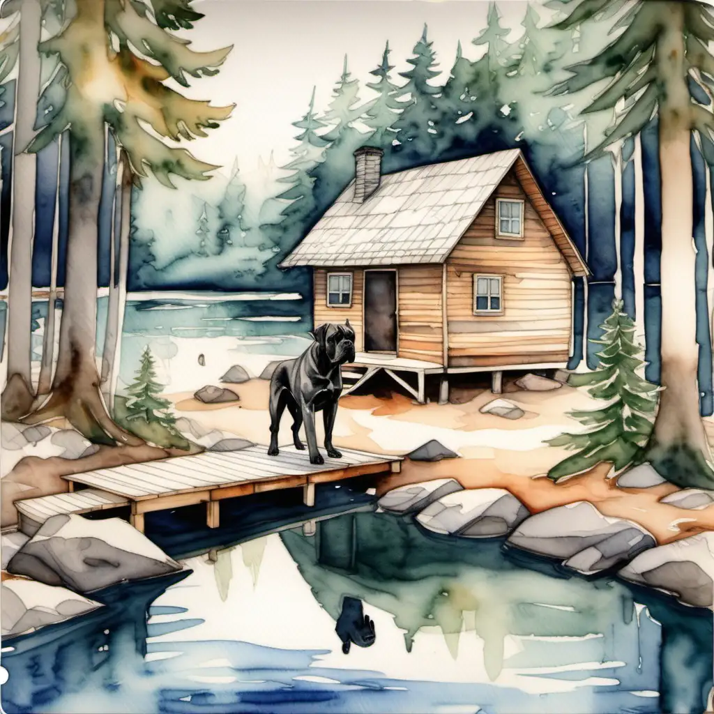 cane corso dog cabin woods watercolour dock from behind outdoors wilderness water, flow, evergreen trees dreams, cozy, watercolor --tile