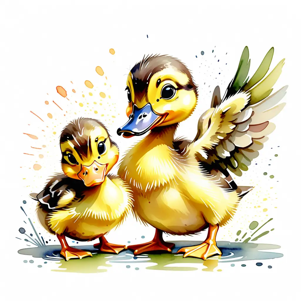 Ducklings Showing Affection in Cartoon Watercolor Style