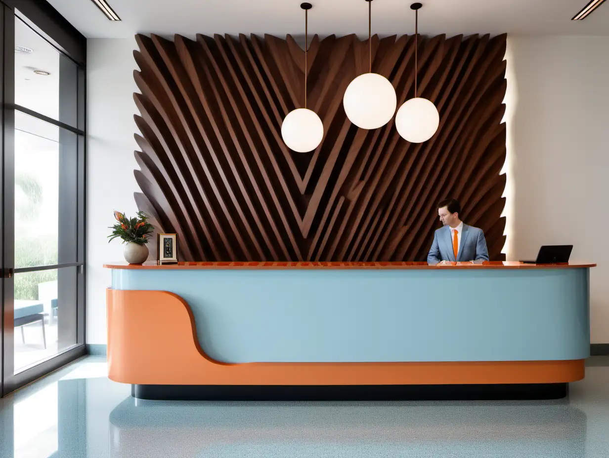Photo of a hotel walnut recepcion table white wall, stylize in parametric architecture , funkcionalist  style, dark terazzo on ground,  light blue and light orange furniture, sunshine from left