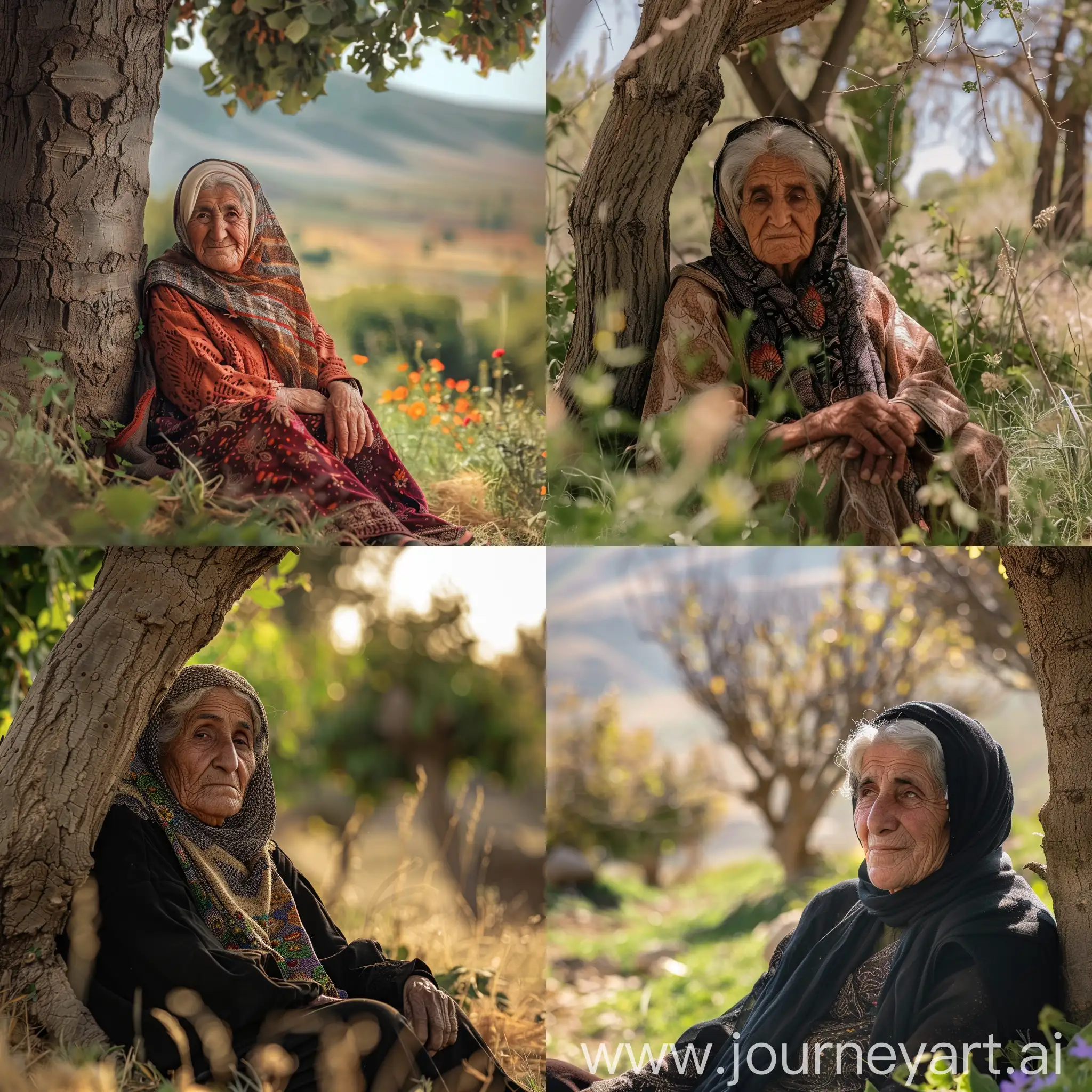 An old Iranian village woman is sitting in nature in front of a tree and the weather is sunny