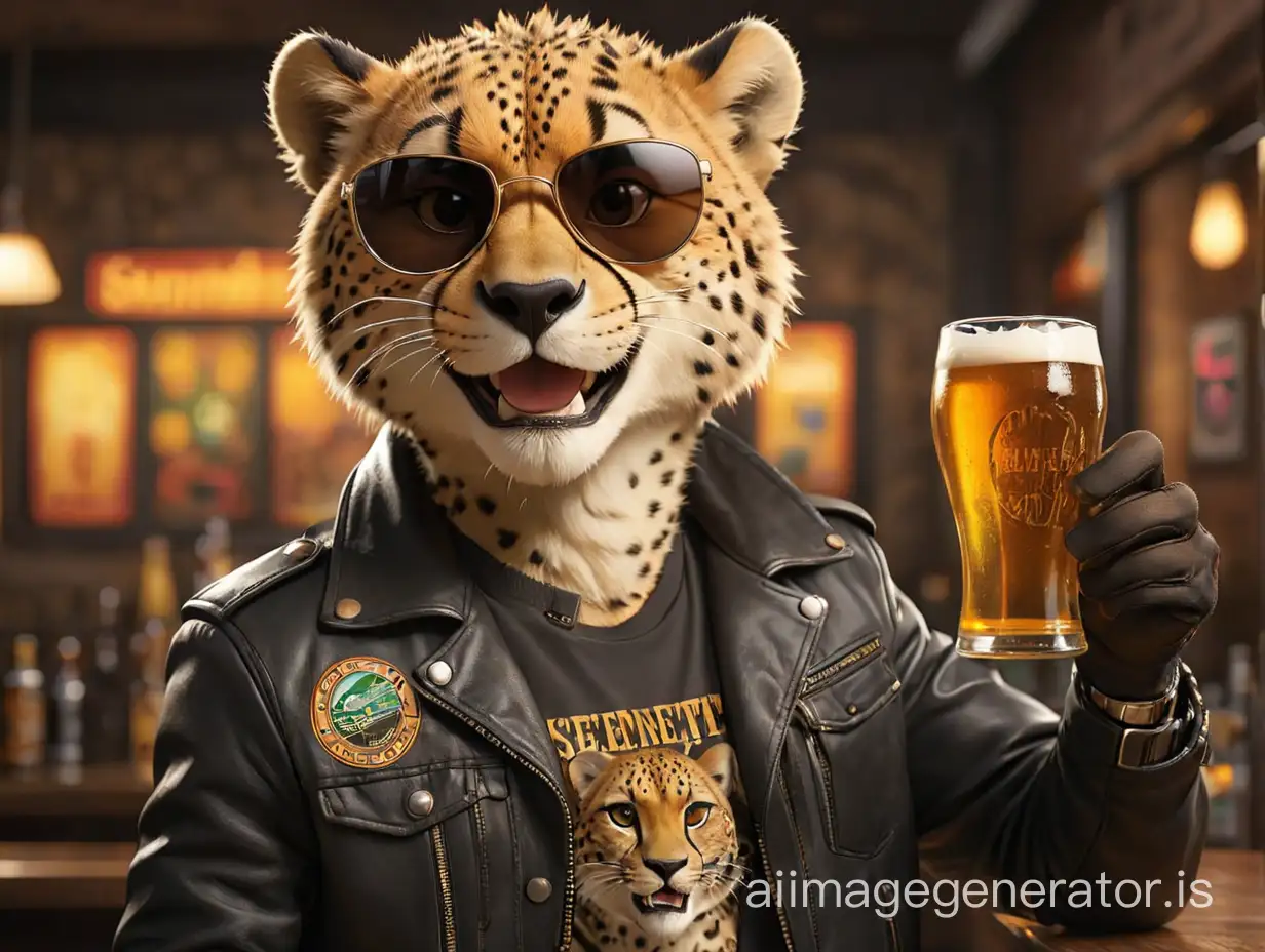 Imagine Cheetah wearing sunglasses, black leather jacket. looking ahead smiling. Holding  beer that says Serenegeti lite with a cheetah imagine on the label.  Beer. network backlighting. Clean bar background