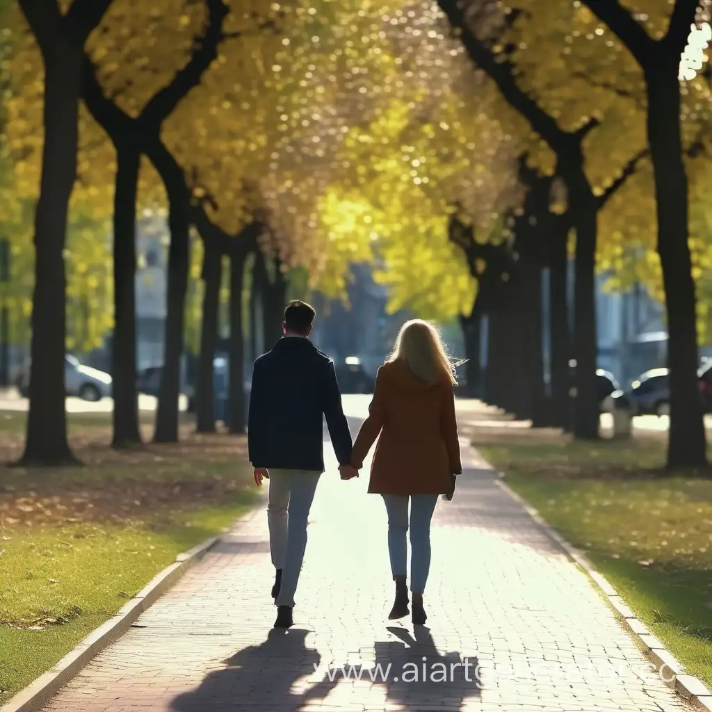 Парк в городе, по алее идет пара женщина и мужчина, держась за руки.
Съемка со спины